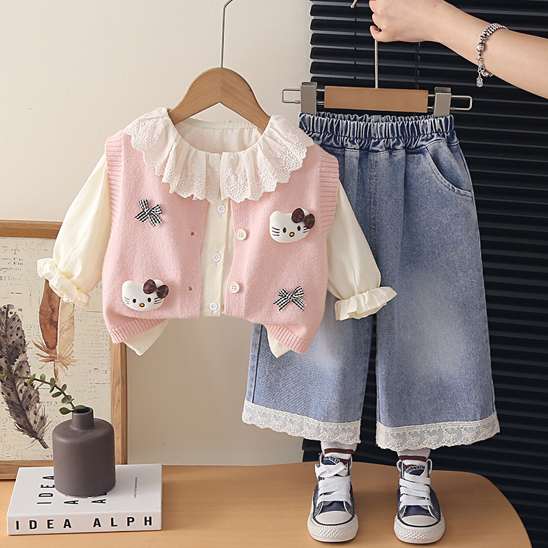 Toddler Girls Spring Autumn Kitten Pattern Knit Vest and Pants Set — image 4