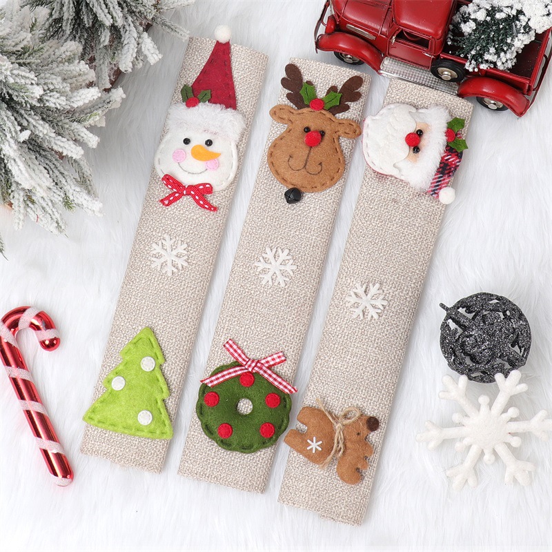 Christmas Home Decoration Products Santa Claus Snowman Elk Linen Refrigerator Handle Sticker Microwave Oven Handle Cover — image 3