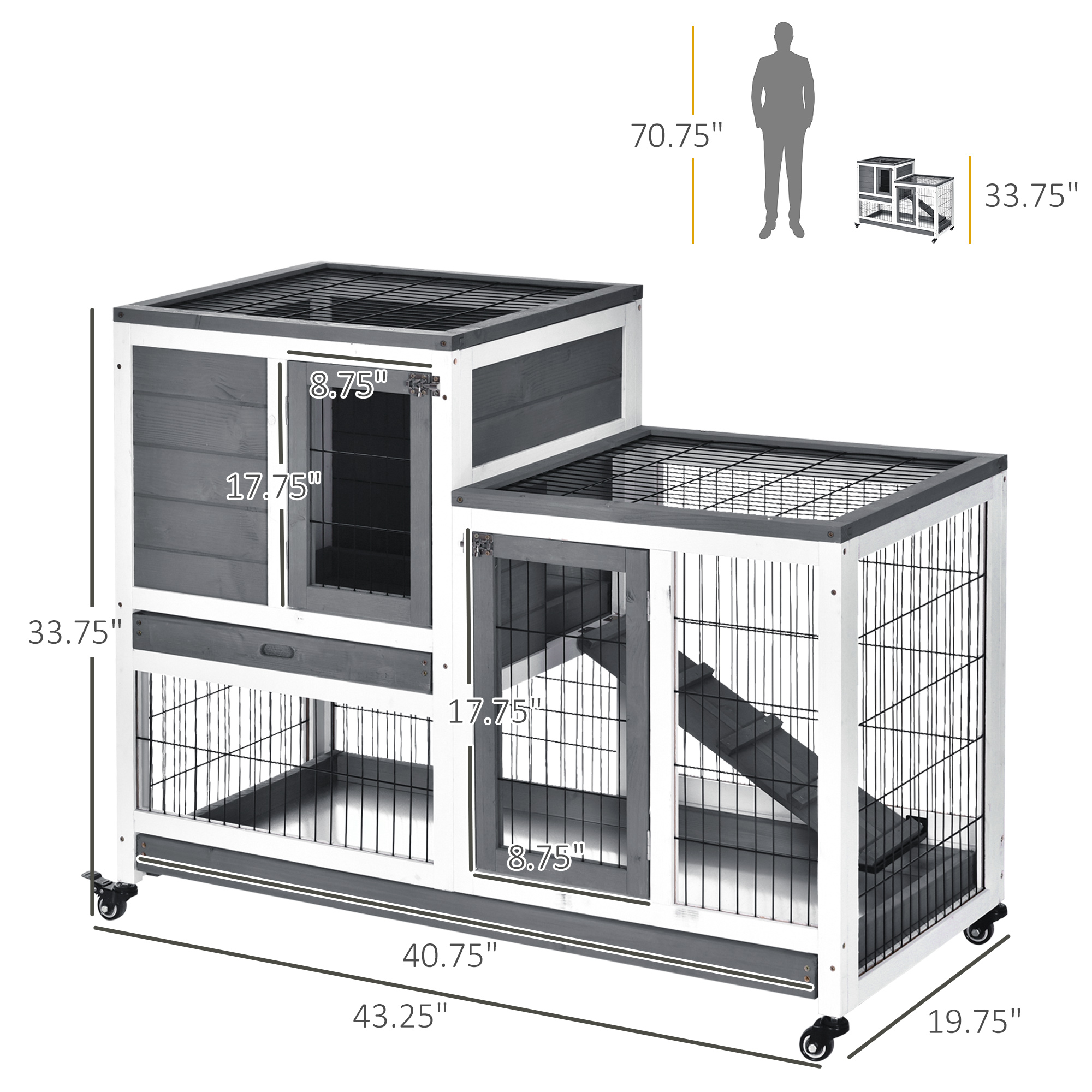 Wooden Rabbit Hutch Elevated Bunny Cage Indoor Small Animal Habitat with Enclosed Run with Wheels, Ramp, Removable Tray for Rabbits, Chickens, Ducks, Guinea Pigs, Gray — imagen 8