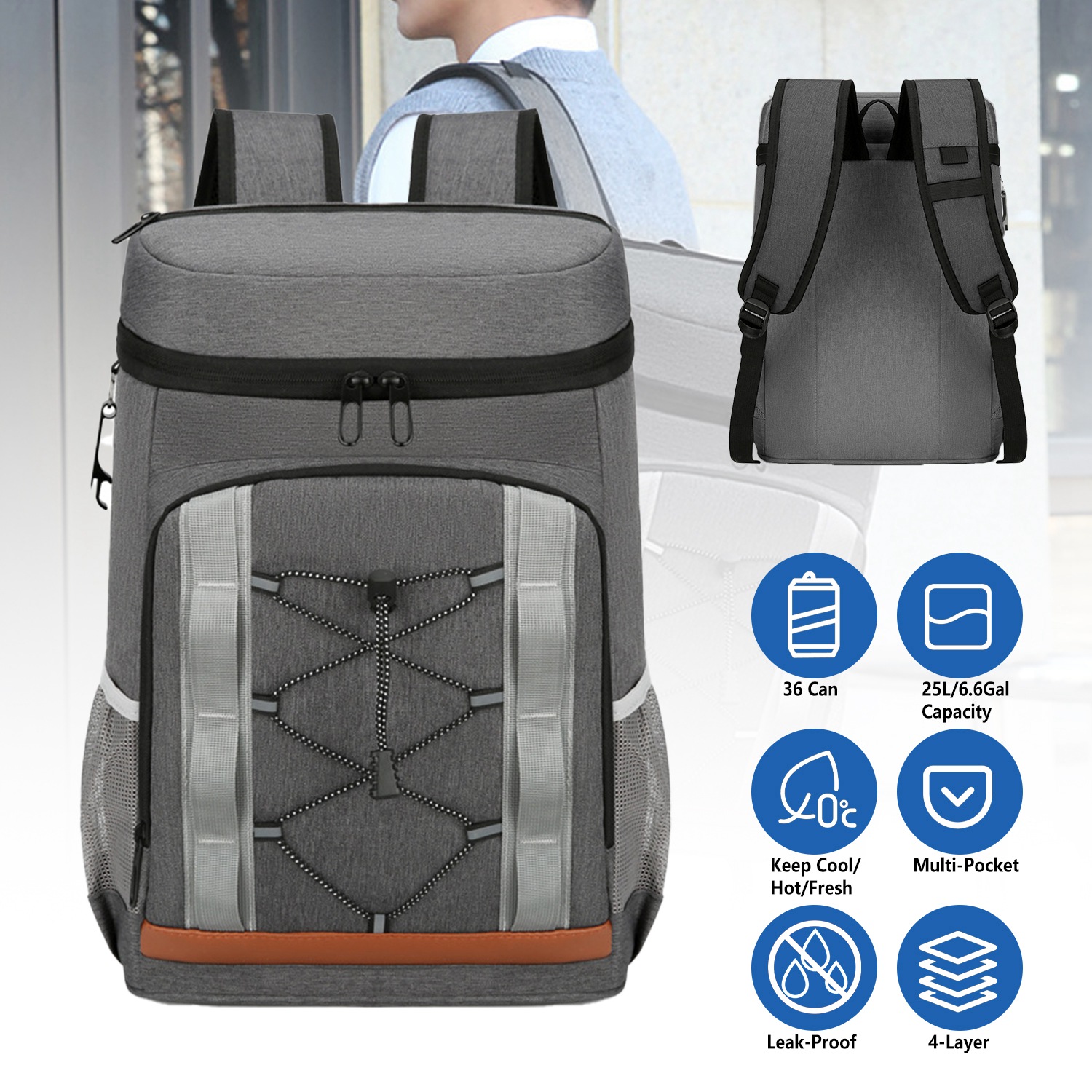 Opciones Gris-Negro - 1 Pieza Bolsa de Enfrío para Caminar con 36 Cánicas Resistentes al Derrame y Aisladas, 25L / 6.6 Gal para Pícnic, Camping, Playa, Senderismo, Pesca y Viajes — imagen 9