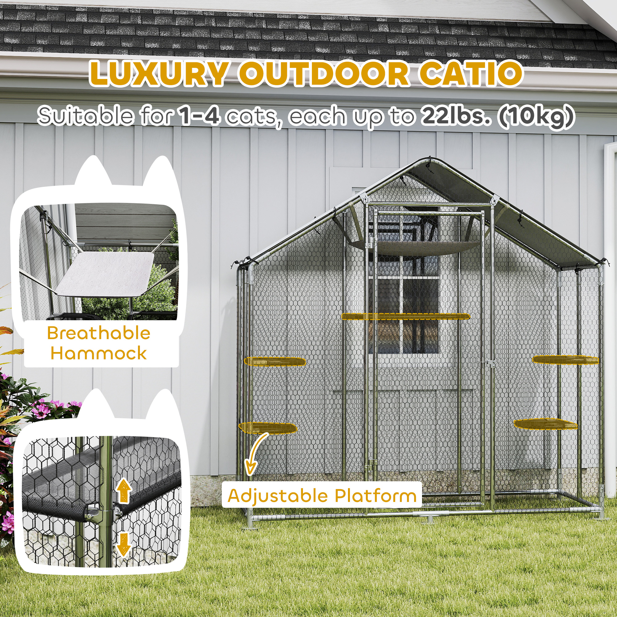 Catio al aire libre grande para gatos con cubierta impermeable, patio para caminar con 5 plataformas ajustables y hamaca — imagen 5