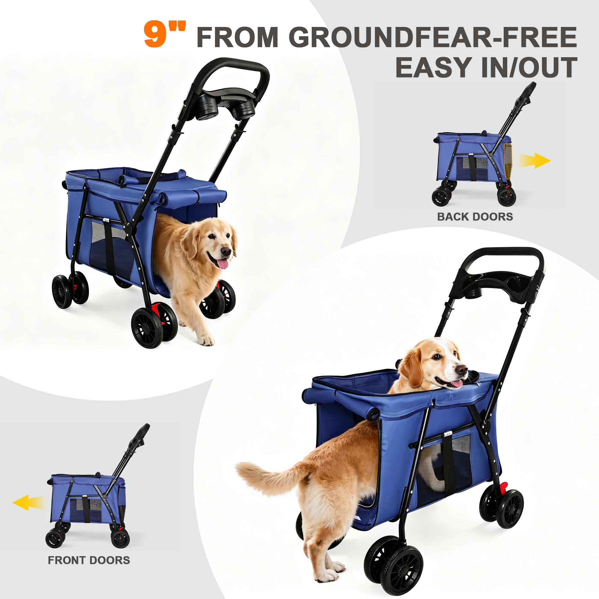Pet Stroller, Foldable 4-Wheel Design, Breathable Mesh Dog Cat Stroller with Shockproof Wheels, Brake System, Storage Tray, 2 Fixed Safety Leashes, Large Space for Small Medium Pets, Navy Blue — image 14