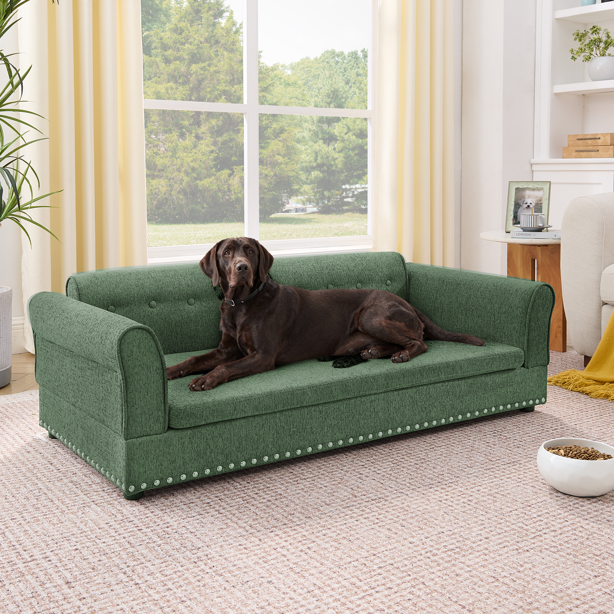Silla de Comodidad para Mascotas Grande, Sofá Moderno en Tela de Lino con Espalda y Manijas para Perros Grandes - Verde Oliva — imagen 1