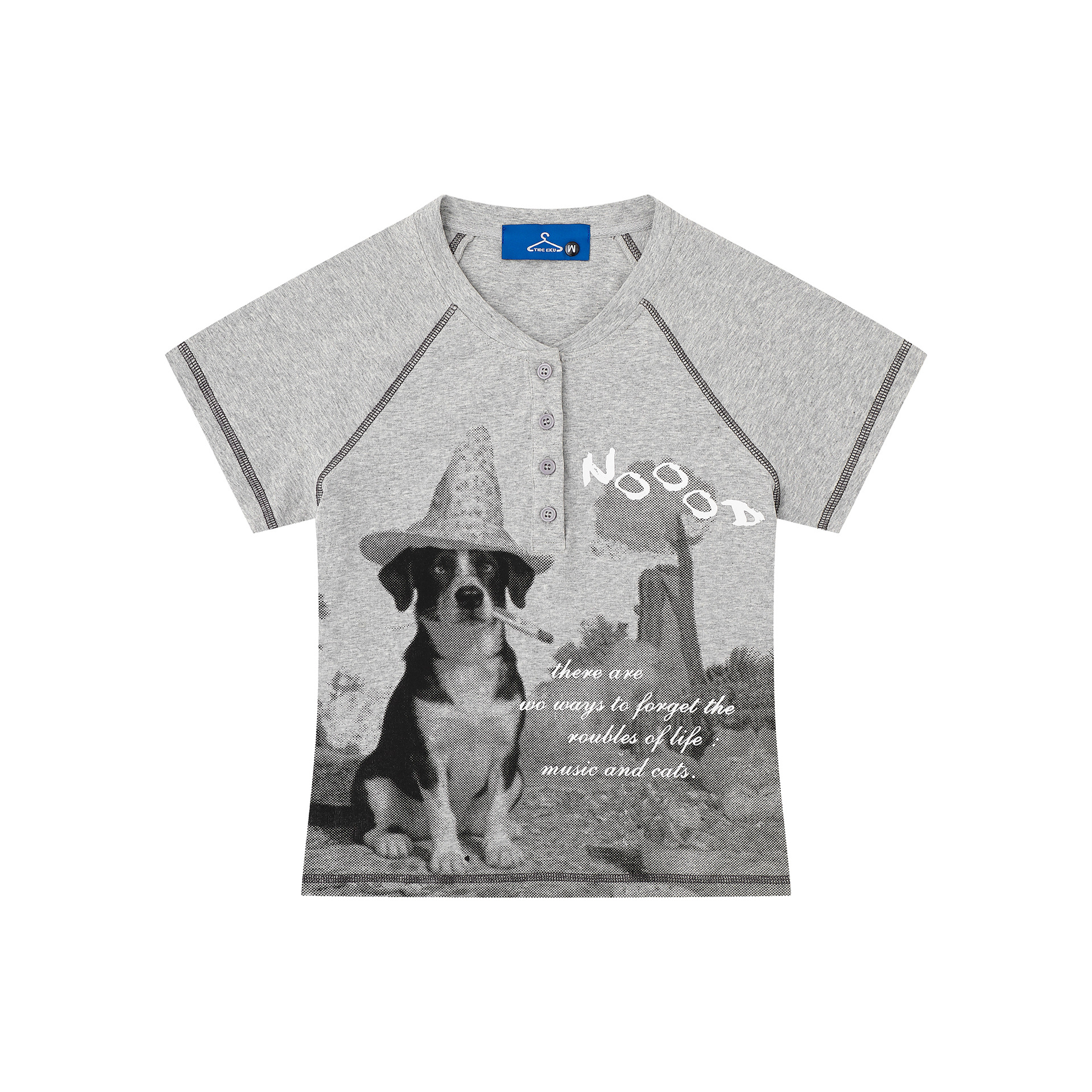 Camiseta con Estampado Artístico y Divertido de Perro, Cuello Henley, Costuras Visibles — imagen 3