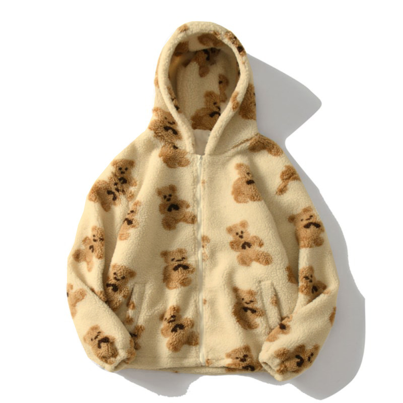 Cartoon Pattern Bear Zipper Pocket Plush Sweatshirt For Women — image 2