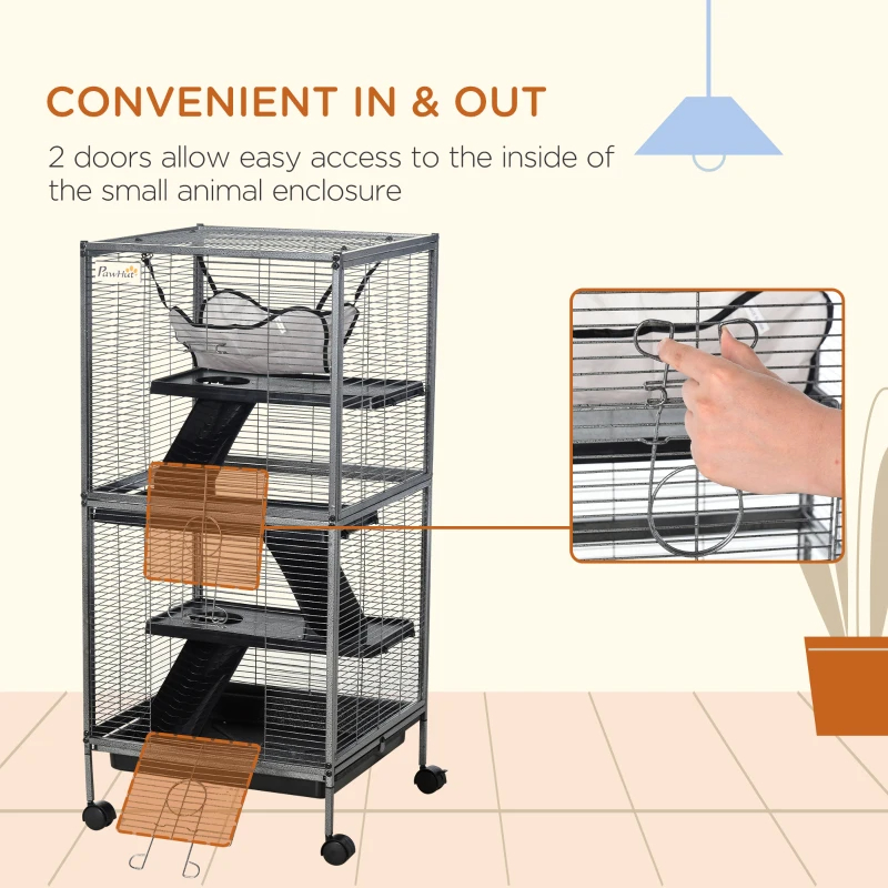 PawHut Metal Small Animal Cage Rolling Big Ferret Cage, Chinchilla Cage, Sugar Glider Cage, With Hammock & 4 Tiers, Removable Tray, Gray — imagen 8