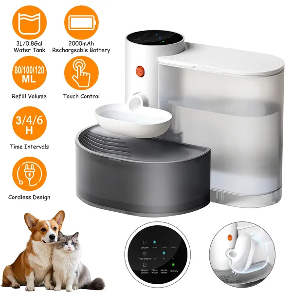Filtro de Agua Inteligente para Mascotas, Bomba Automática para Gatos 3L y 101oz Sin Cable Recargable con 3 Niveles de Volumen y 3 Intervalos Horarios Control Táctil — imagen 1