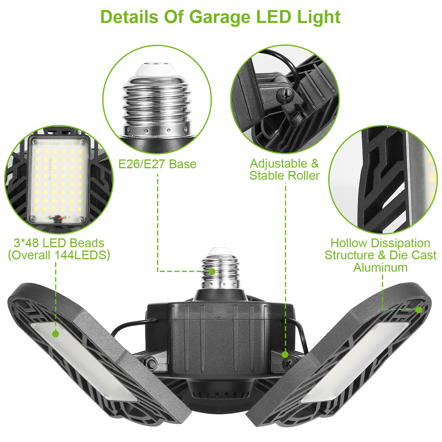 LED Garage Light E26 E27 80W 7000LM 6500K Garage Ceiling Light Deformable Workshop Lamp Die Cast Aluminum LED Ceiling Light Bulbs With 3 Adjustable Panels For Barn Shop Warehouse Workshop C — image 4