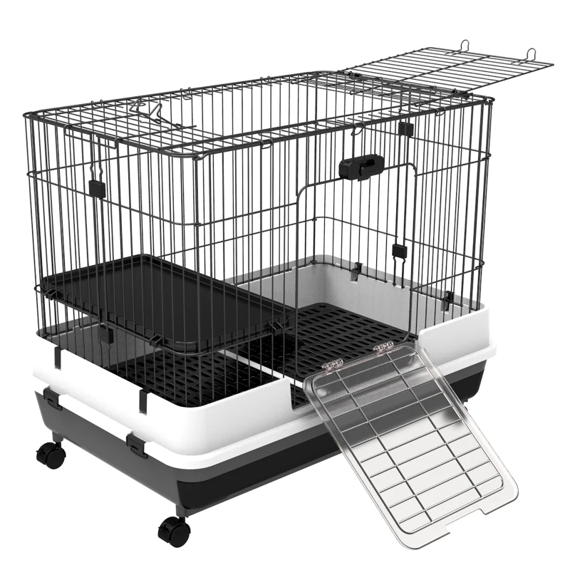 PawHut 2-Level Small Animal Cage Rabbit Hutch With Wheels, Removable Tray, Platform And Ramp For Bunny, Chinchillas, Ferret, Black — imagen 7