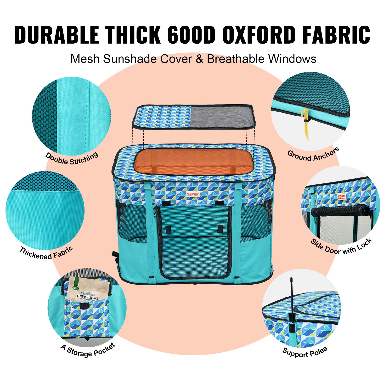 Jaula Portátil para Mascotas Plegable 81 cm x 61 cm x 56 cm - Cuna para Perros, Gatos y Animales Pequeños Impermeable con Tela de Algodón 600D — imagen 3