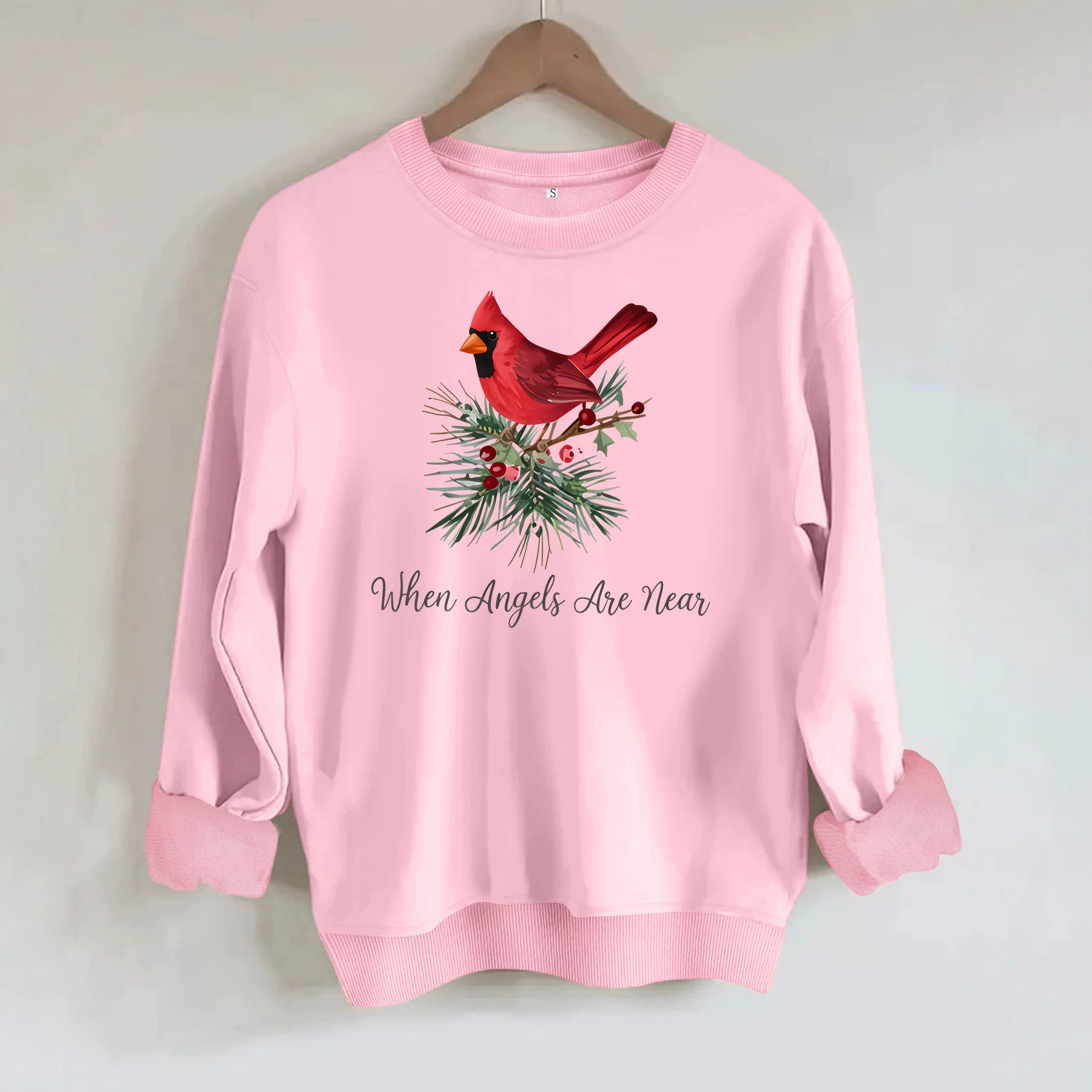 Red bird print round neck fleece hoodie — image 3