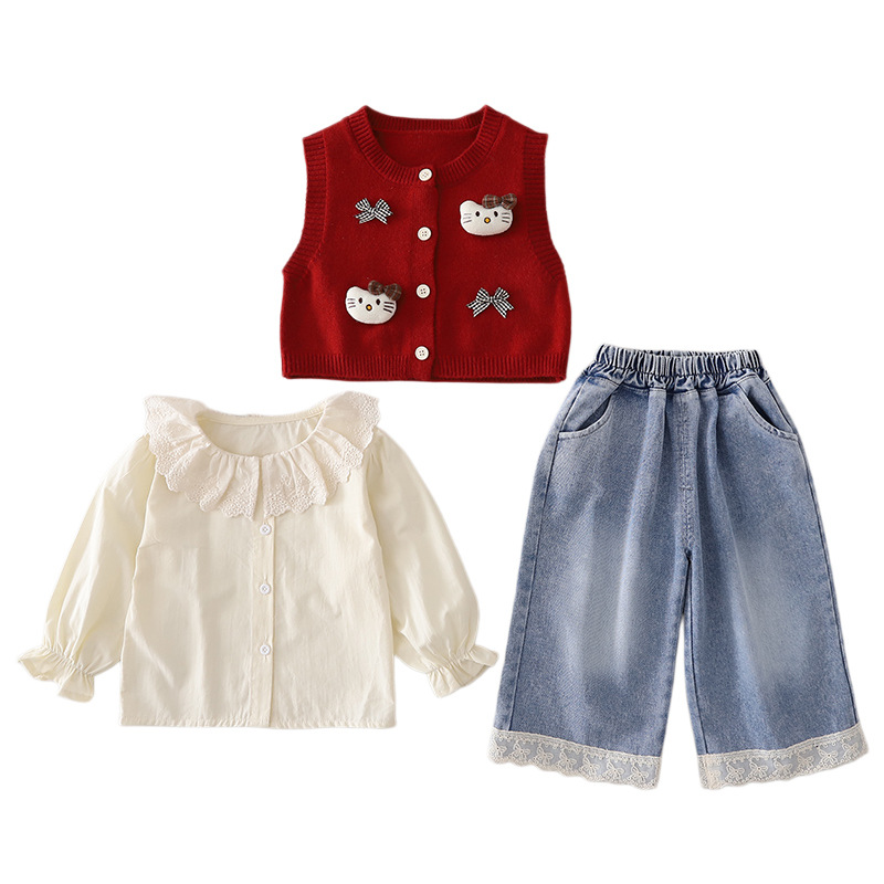 Toddler Girls Spring Autumn Kitten Pattern Knit Vest and Pants Set — image 6