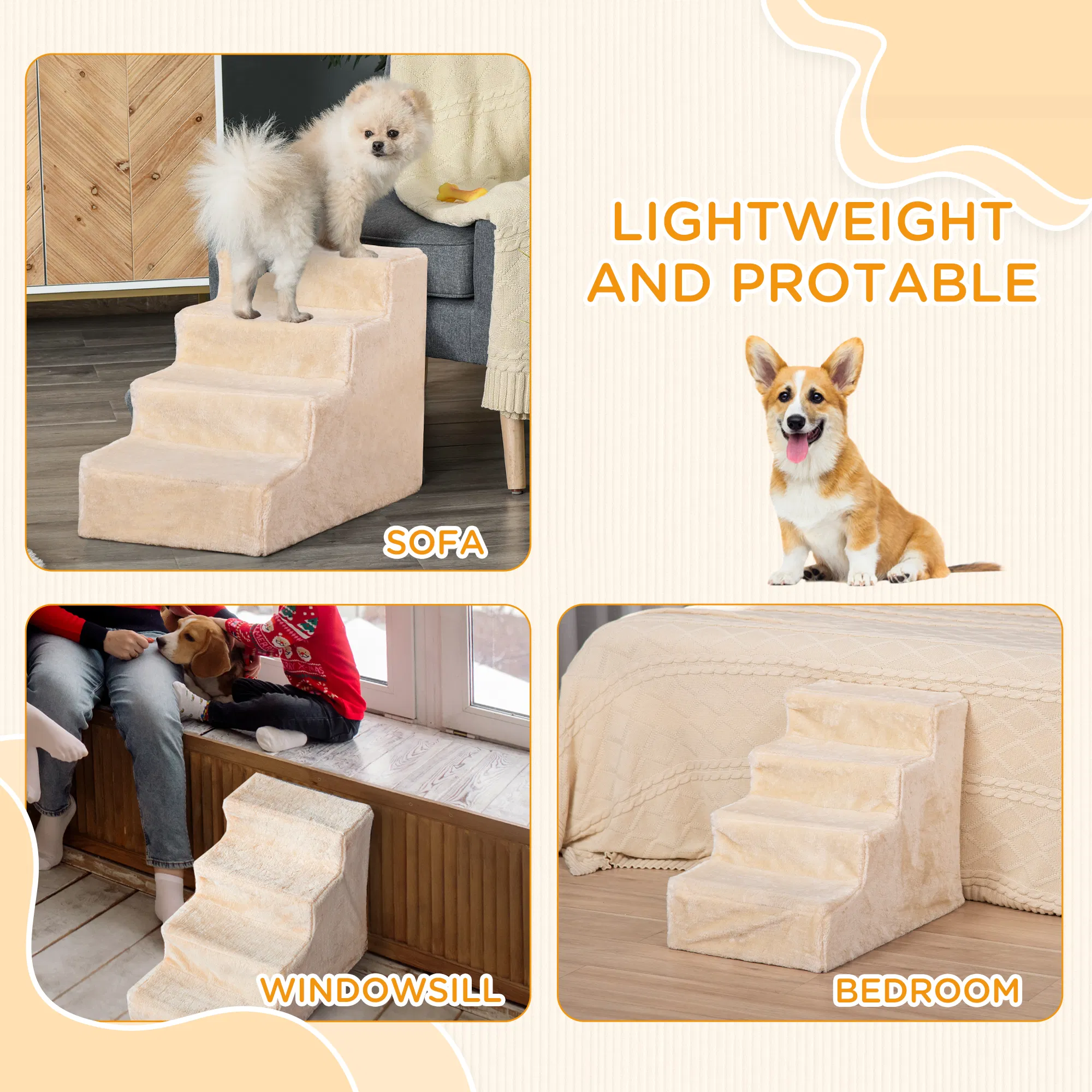 4-Step Dog Ramp for Sofa, Bed, and Couch, with Removable Cover, Beige — image 3