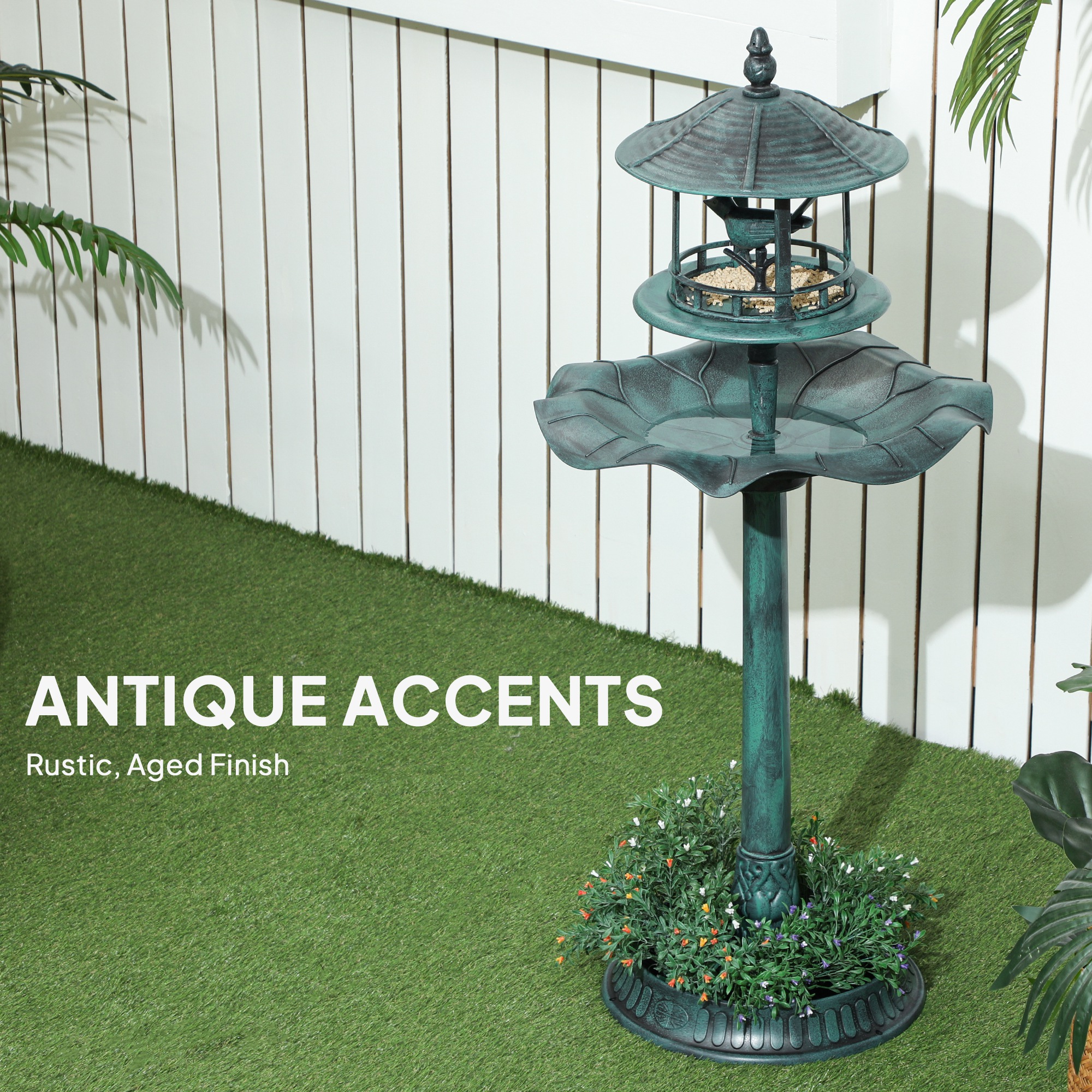 Bebedero para Aves de Jardín 3 en 1 con Pedestal, Comedero para Aves, Amplio Recipiente de Agua y Macetero Inferior para Flores, Verde — imagen 6