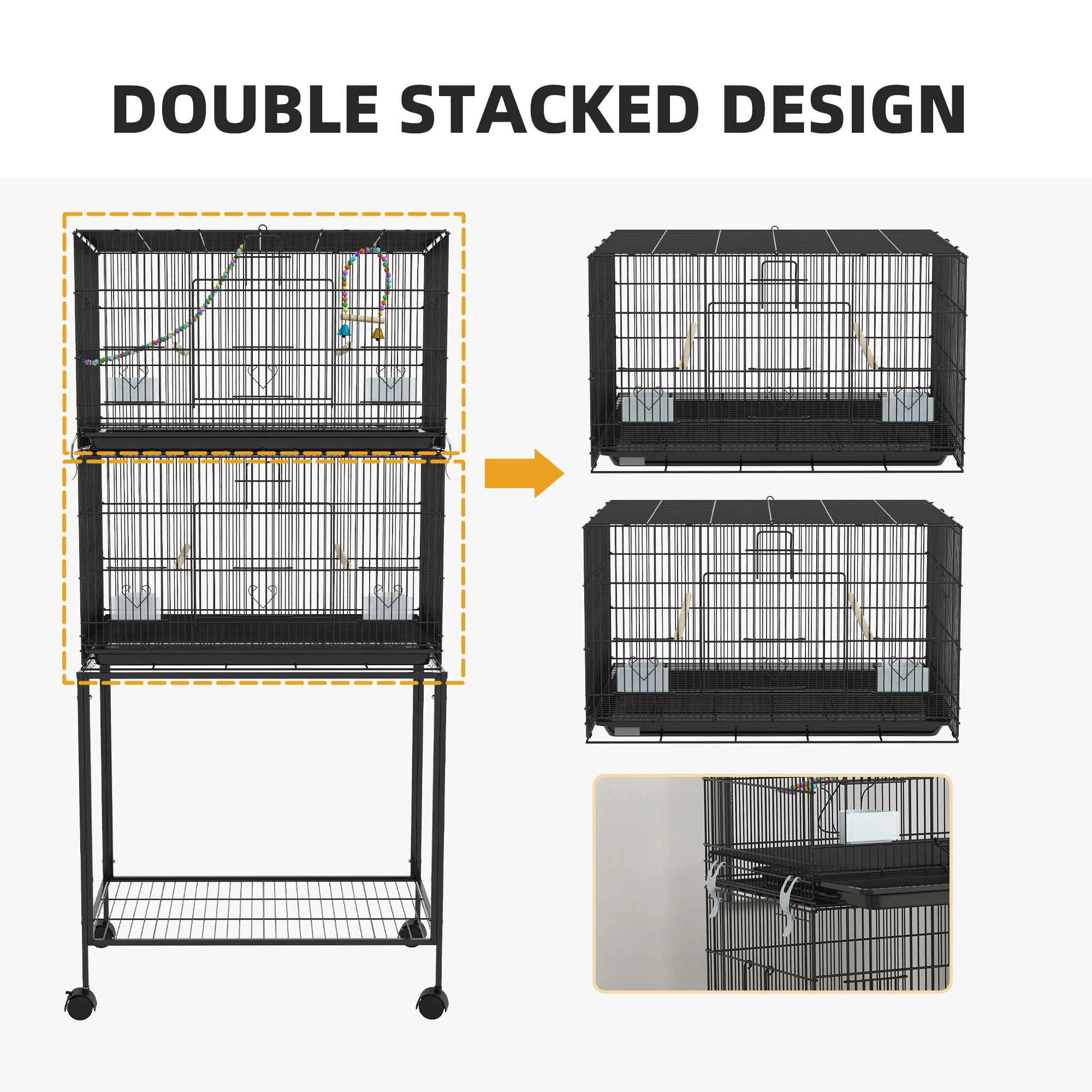 65" Birdcage for Canaries, Lovebirds Finches, Budgie Cage with Wheels, Black — image 5