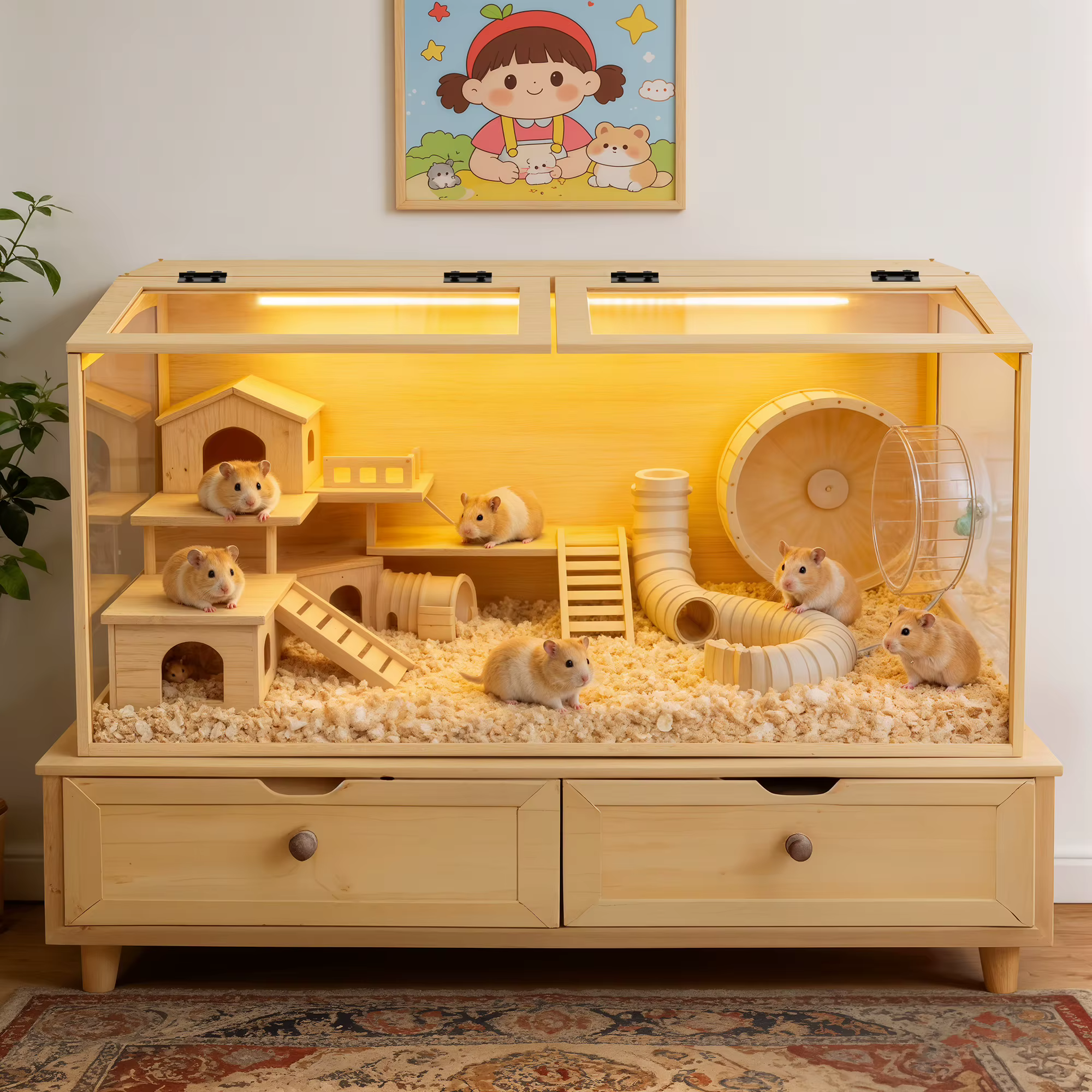 Large Wooden Hamster Cage Clear Tempered Glass Pet Small Animal Habitat Cage Playful Hutch House Built-in LED Light — image 1