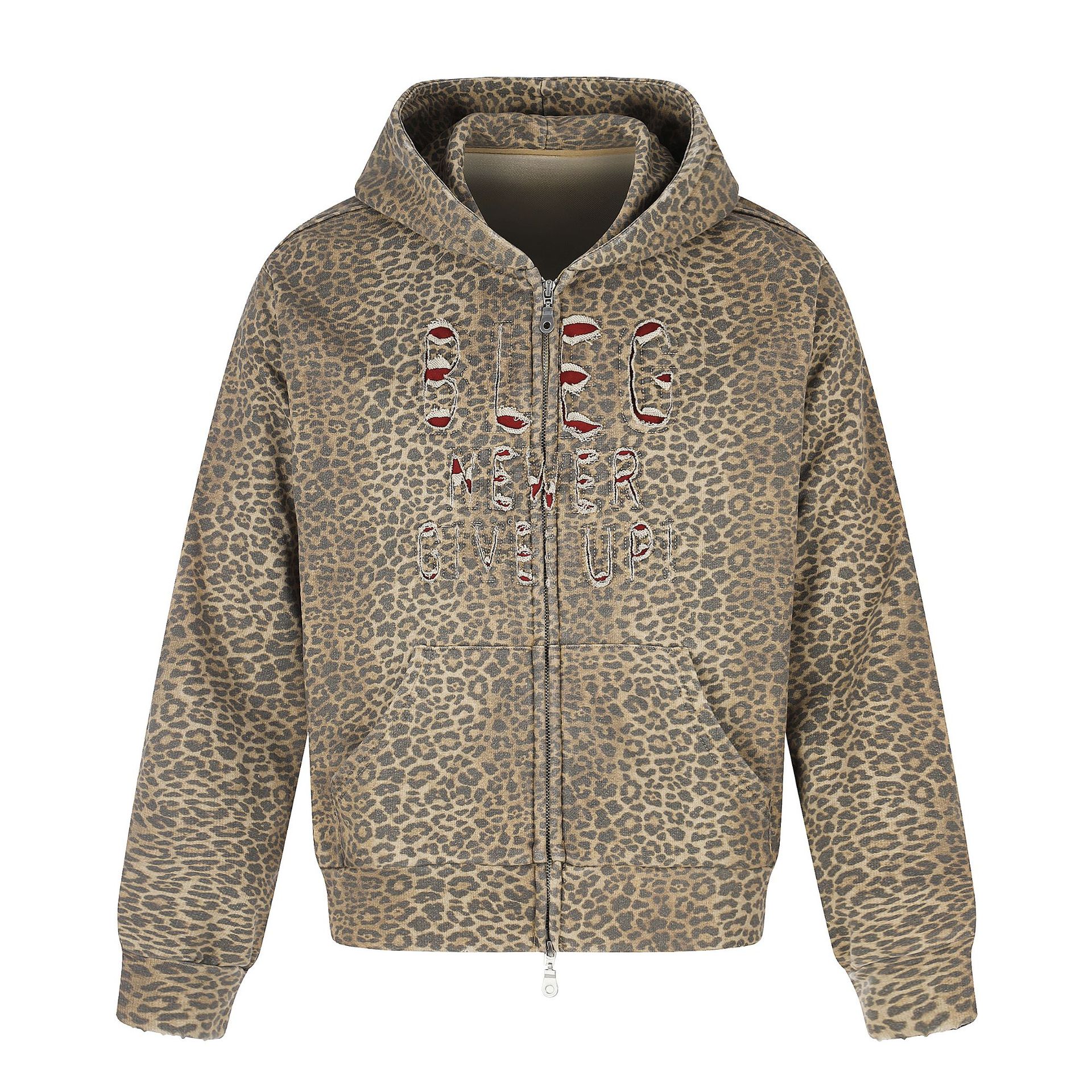 All-Over Print Leopard Letter Hooded Washed Distressed Loose Fit Cropped Streetwear Hoodie — image 2