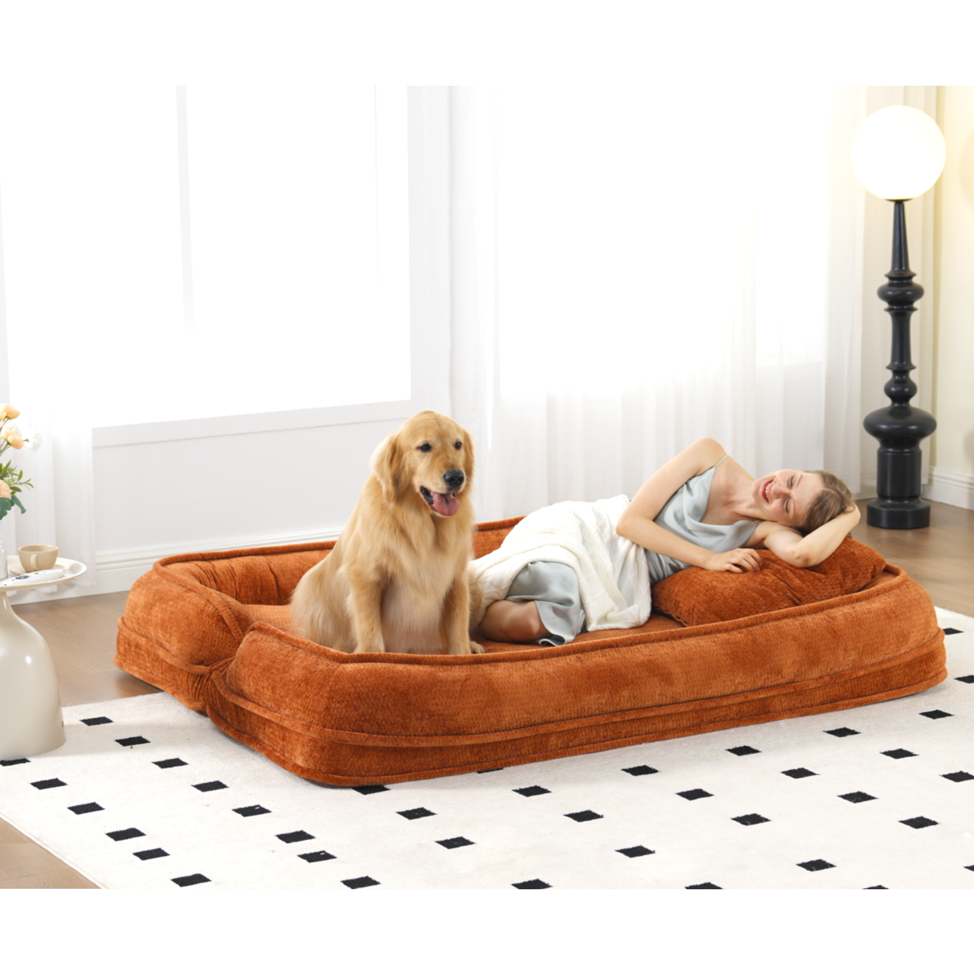 Silla de descanso doble para perros, Sofá relajante, Silla de amor, Adecuada para ti y tus mascotas, Couch de piso extra grande, Puedes sentarte o acostarte, 2 en 1, 5 posiciones ajustables, Almohada rellena, 2 asientos, Chenille naranja — imagen 24