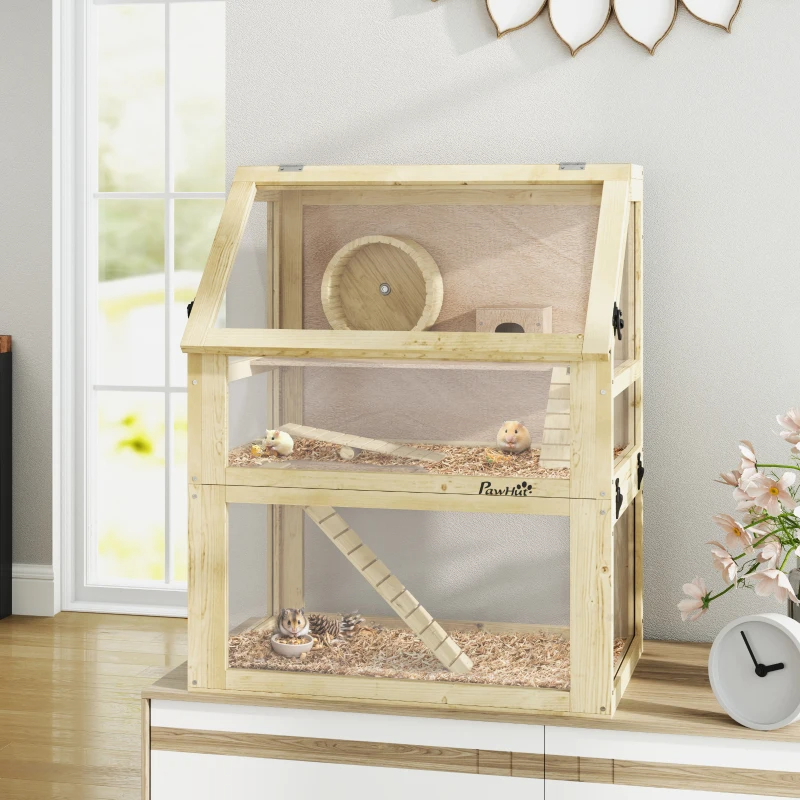 3 Tier Wooden Hamster Cage W Detachable Bottom, Hut, Seesaw, Exercise Wheel, Ramps — imagen 9