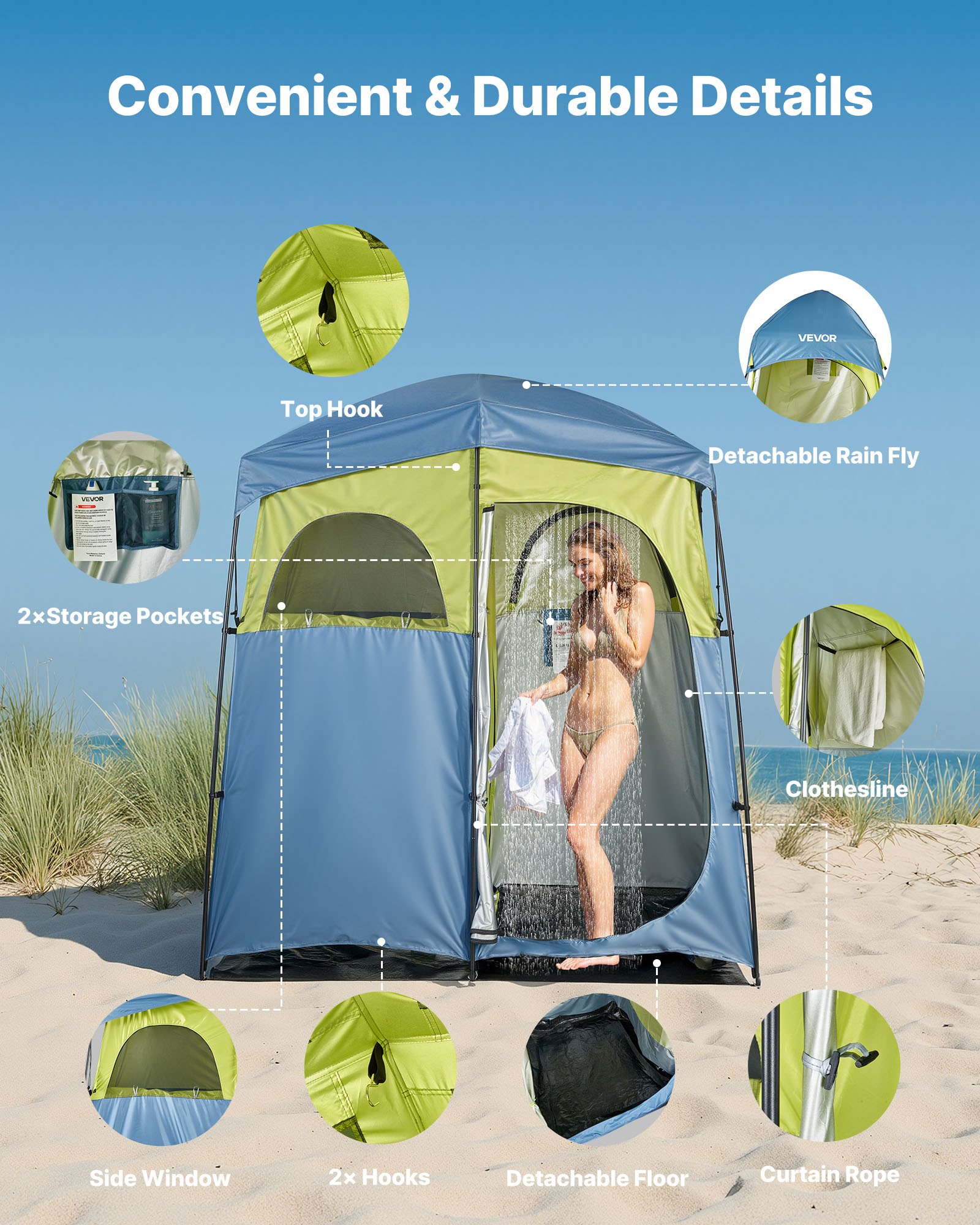 Tenda de Ducha para Camping, 2 Habitaciones Portátil con Privacidad y Bolsa de Ducha — imagen 2