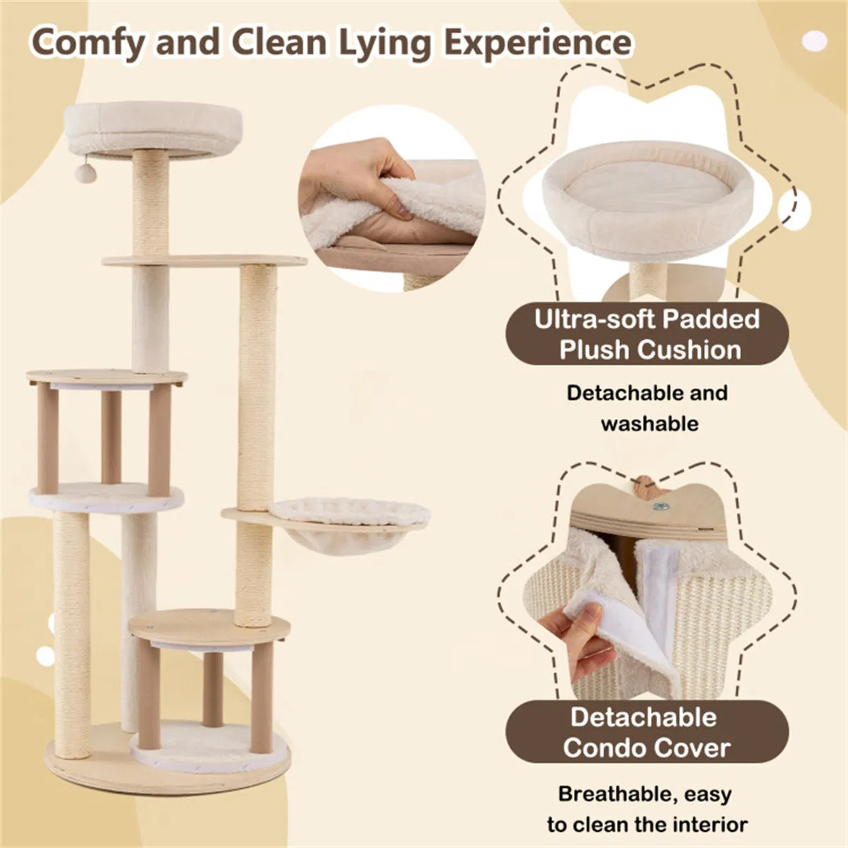 Tall Wooden Cat Tree Multi-Level Cat Tower with Sisal Scratching Posts & Condos for Indoor Cats, Natural — image 6