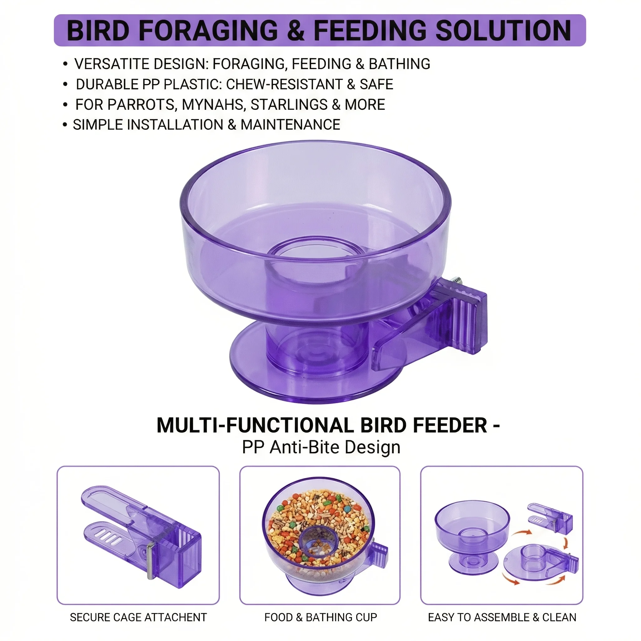 Bird Cage Bath/Removable Cage Bowl, Quick Lock Design, Bath with Clear Plastic Ridges for Perching, for Small-medium Birds, Feeding — image 1