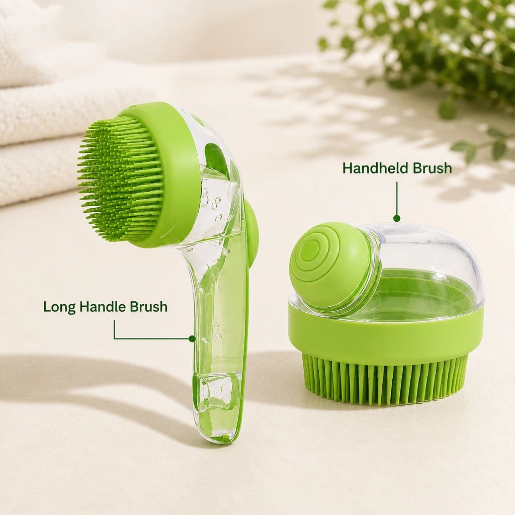 2 Pack Long & Short Handheld Dog Cat Shower Brush With Liquid Dispenser, Soft Silicone Grooming Brush For Pet Bathing & Massage — image 3