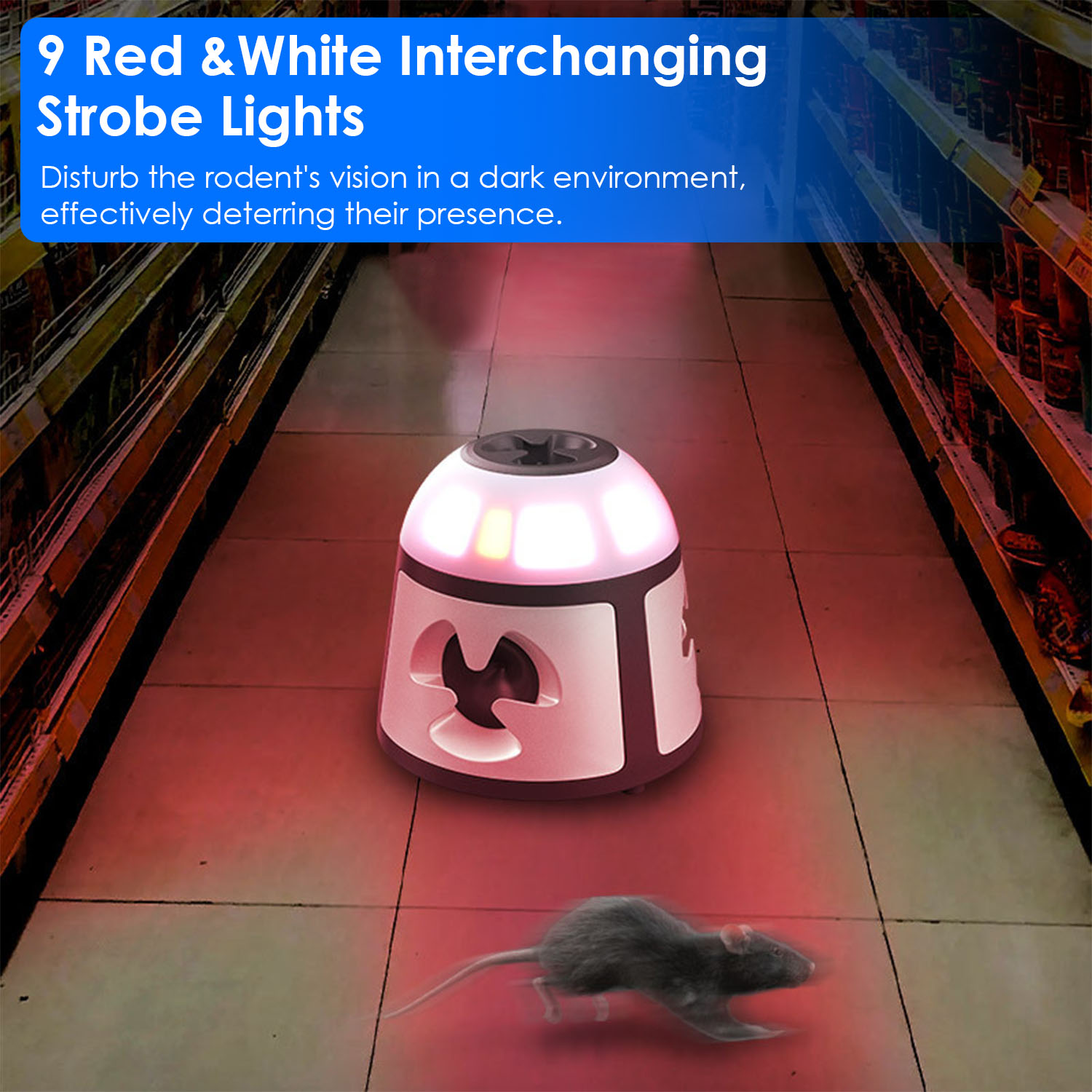Repelente Ultrasónico de Ratones 360 Grados para Interior, Dispositivo de Control de Roedores para Ratas y Ardillas con 4 Modos, 9 Luces Estroboscópicas y Bocina de Alarma, para Cocina y Almacén — imagen 5