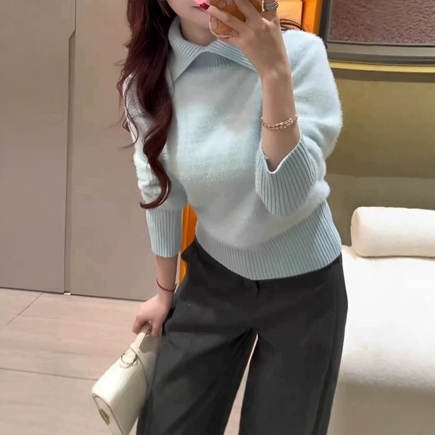 Women's Lapel Collar Long Sleeve Soft Faux Mink Knit Sweater — image 3