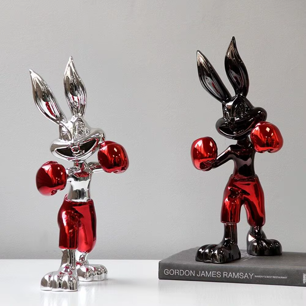 Modern Chrome Bunny Figurine with Boxing Gloves Pop Art Inspired Decorative Rabbit Boxer Statues for Interior Display — image 1