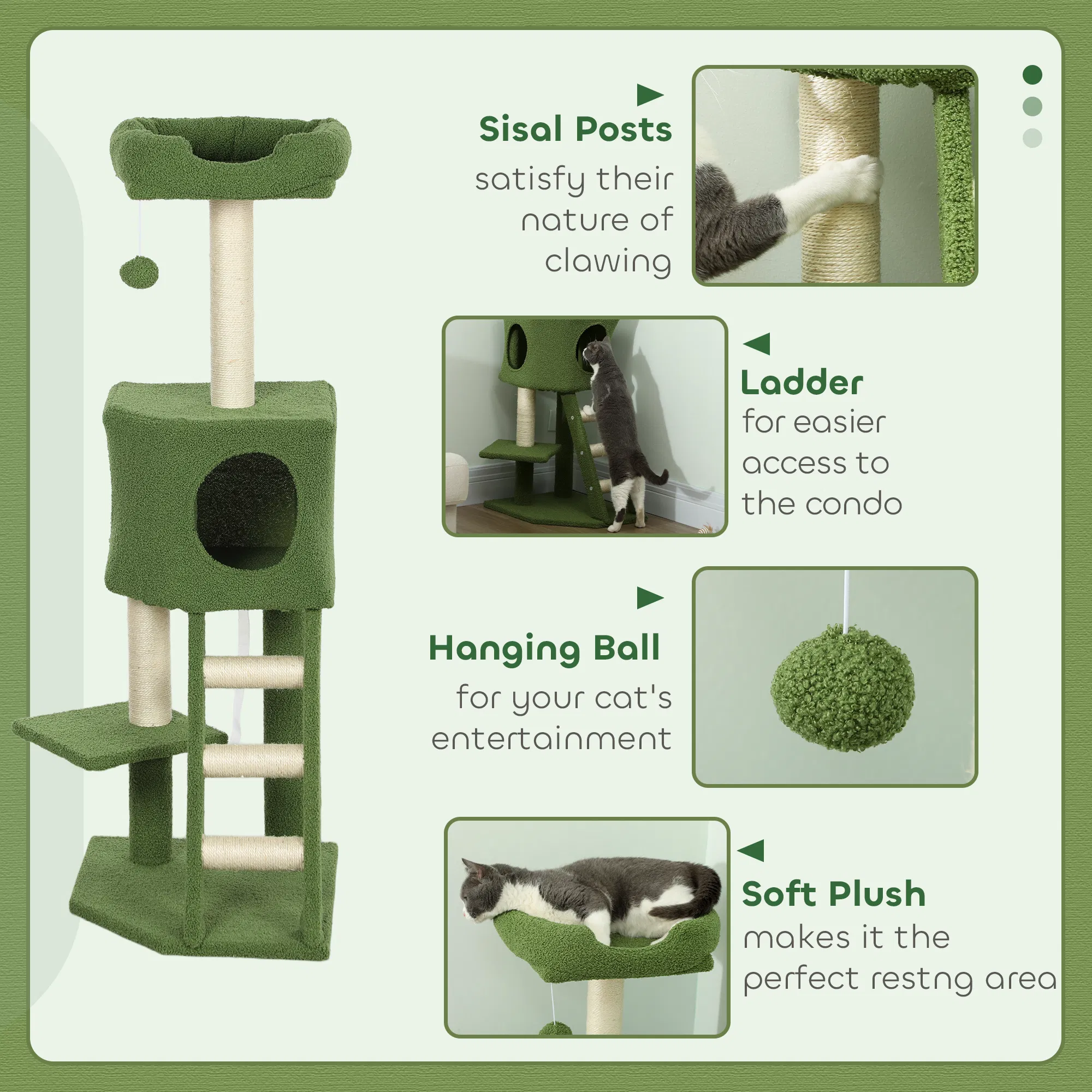47" Tall Cat Tree Tower with Condo, Ladder, Scratching Posts and Hanging Ball, Green — image 4