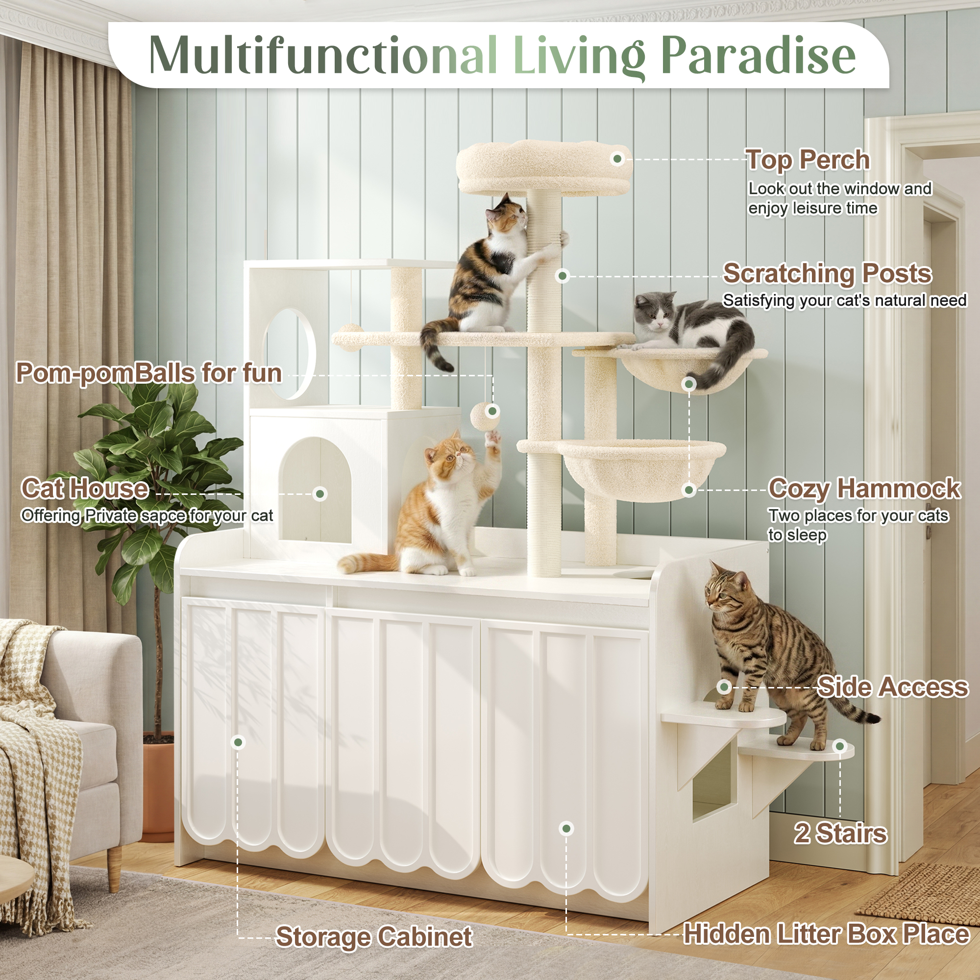 Rascador para Gatos de 50.6" con Cubierta para Caja de Arena, Torre para 5 Gatos con Poste Rascador de Sisal y Espacio de Almacenamiento, Mueble con Caja de Arena Oculta, Condominio Moderno Todo en Uno con Casa, Hamaca y Percha, Blanco — imagen 3