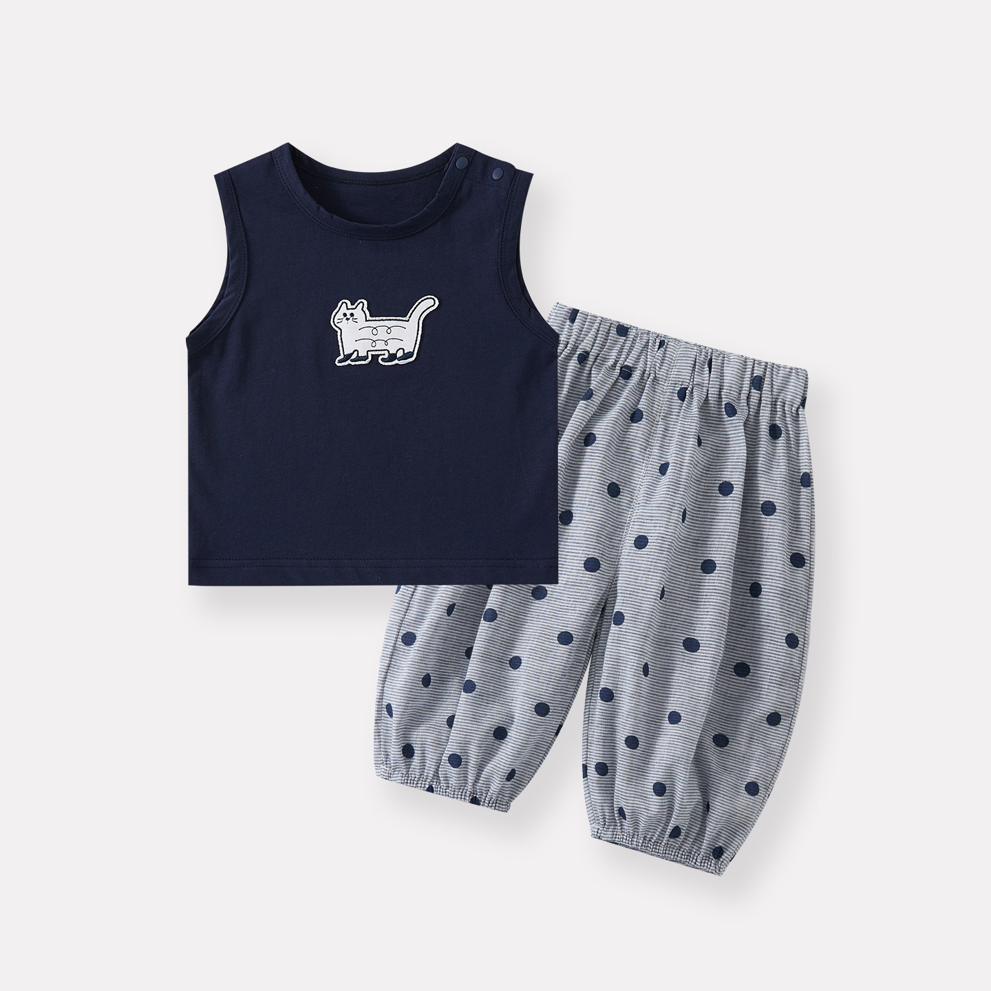 Cartoon Cat Applique Vest, Boy's Summer Lightweight Polka Dot Cool Ankle Pants Two-Piece Set — image 4