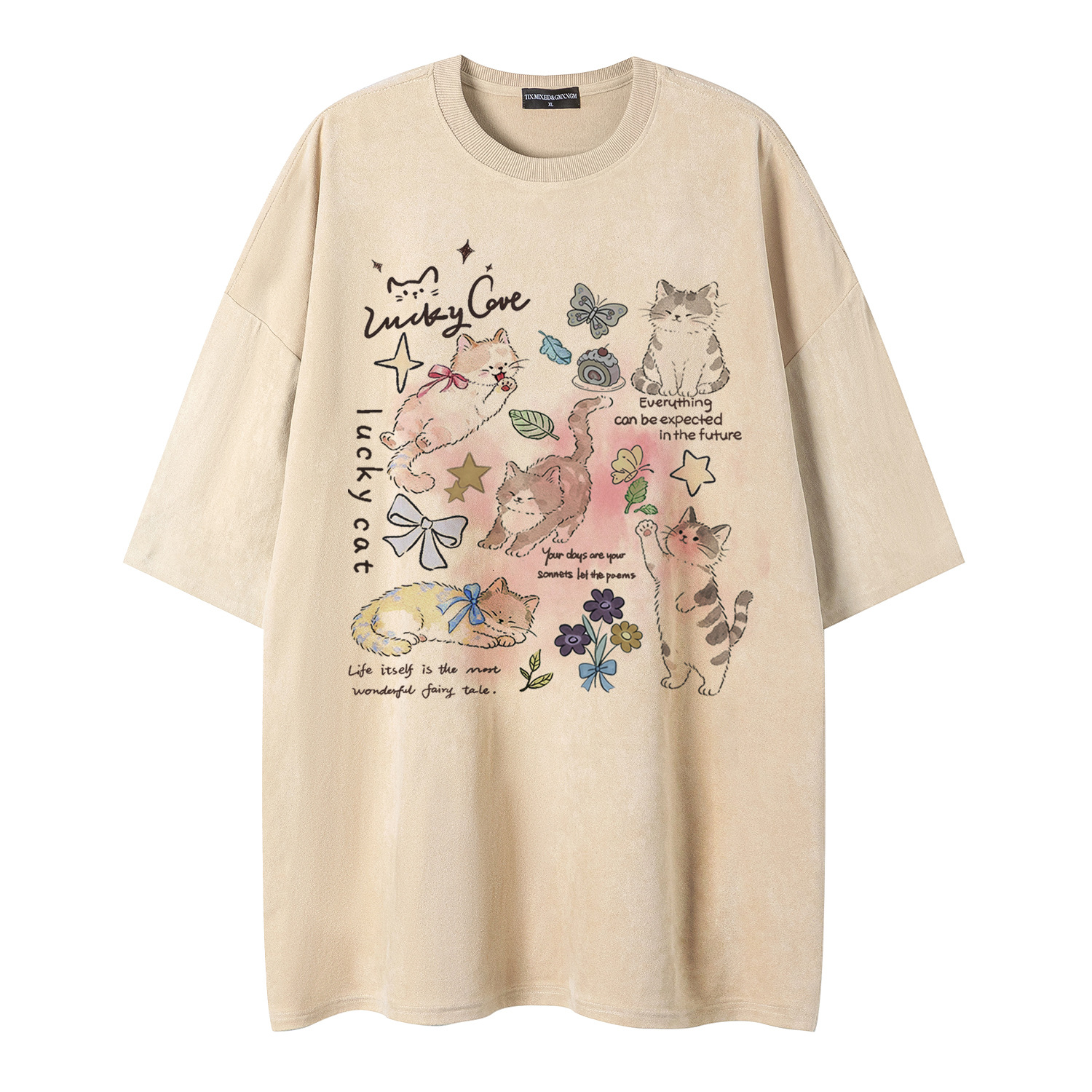 Camiseta corta manga con estampado de mariposas y rayas del gato — imagen 4