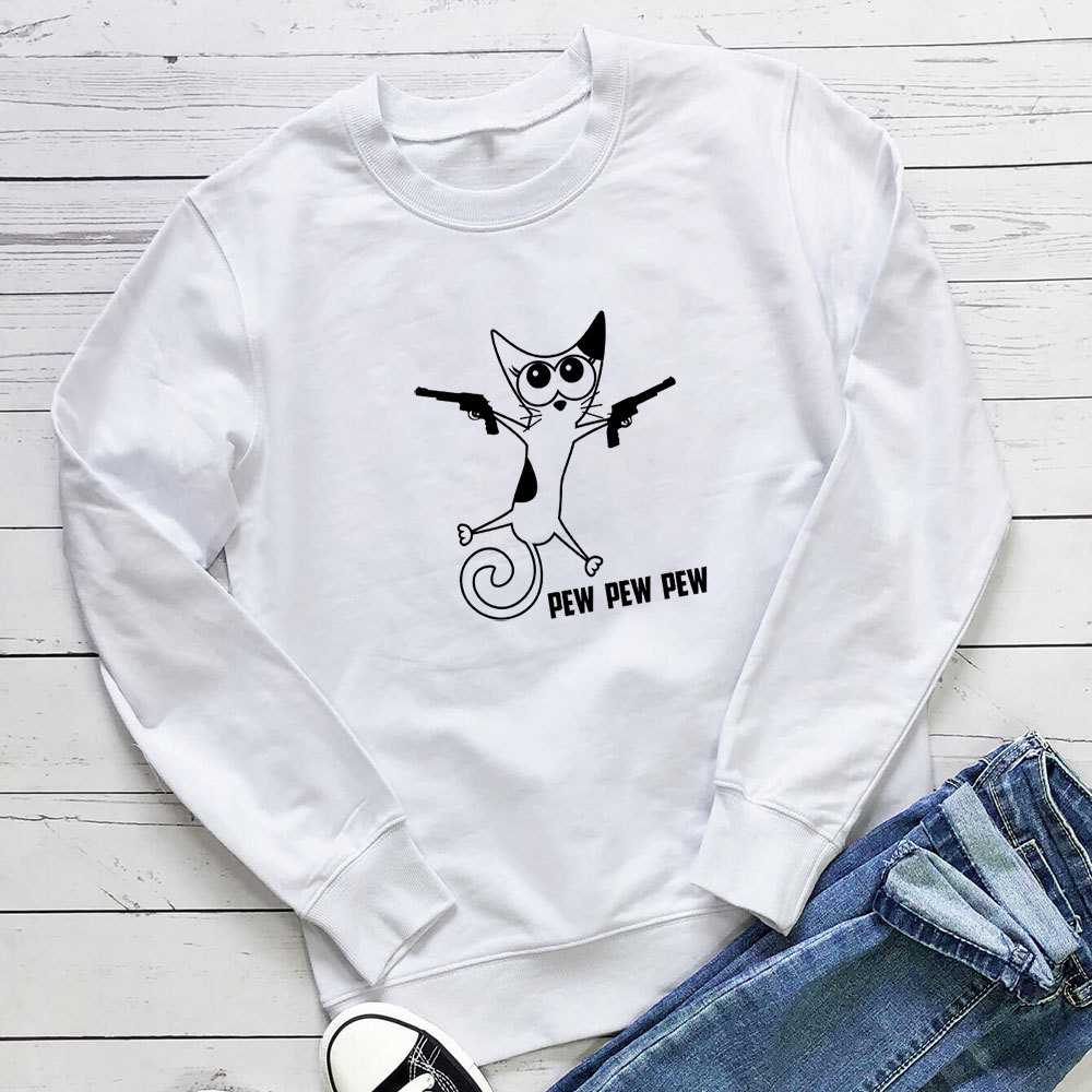 Cat print round neck hoodie with gun — image 4