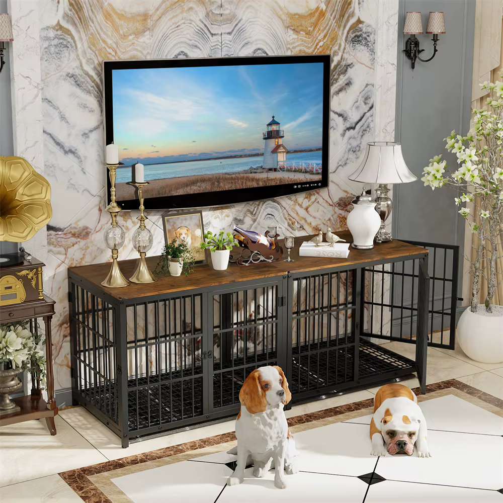 Caja de Perro en Madera Grande Estilo Decorativo con 3 Puertas y Mesa de Centro Elevada, Jaula para Mascotas con Accesorios Removibles — imagen 4