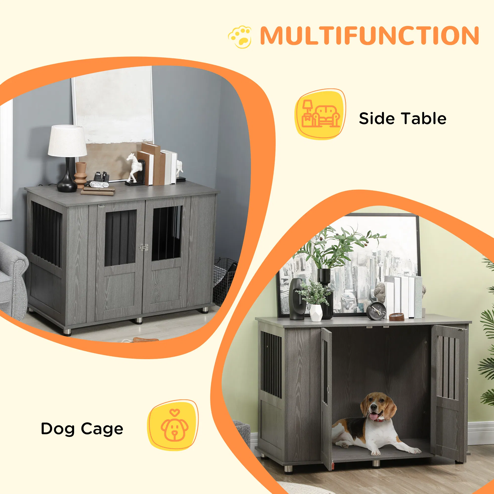 Dog Crate Furniture with Lockable Magnetic Door, Adjustable feet for Extra Large, Medium & Small Dogs, Indoor Use, Grey — image 2