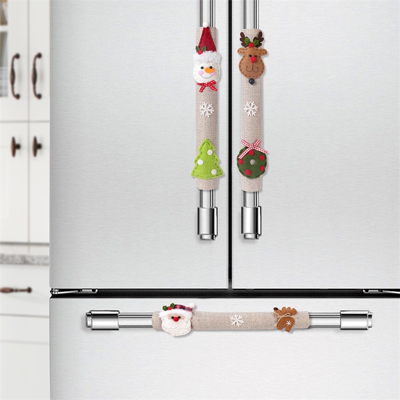 Christmas Home Decoration Products Santa Claus Snowman Elk Linen Refrigerator Handle Sticker Microwave Oven Handle Cover — image 1
