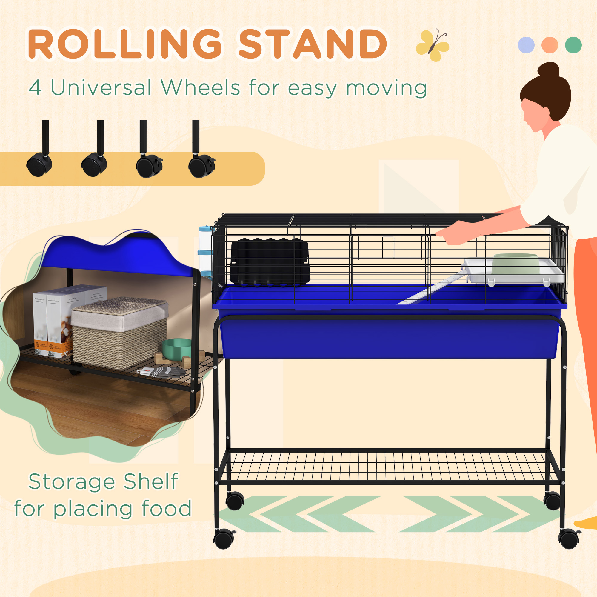 Two-Story Small Animal Cage Removable from Stand, Pet Habitat with Shelf & Wheels, 39" x 20.5" x 36.5", Blue — imagen 8
