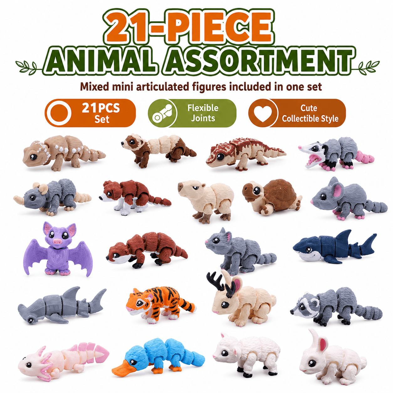 21PCS 3D Printed Mini Animal Figurine Set, Articulated Mixed Animal Figures, Flexible Miniature Desk & Shelf Decorations — image 3