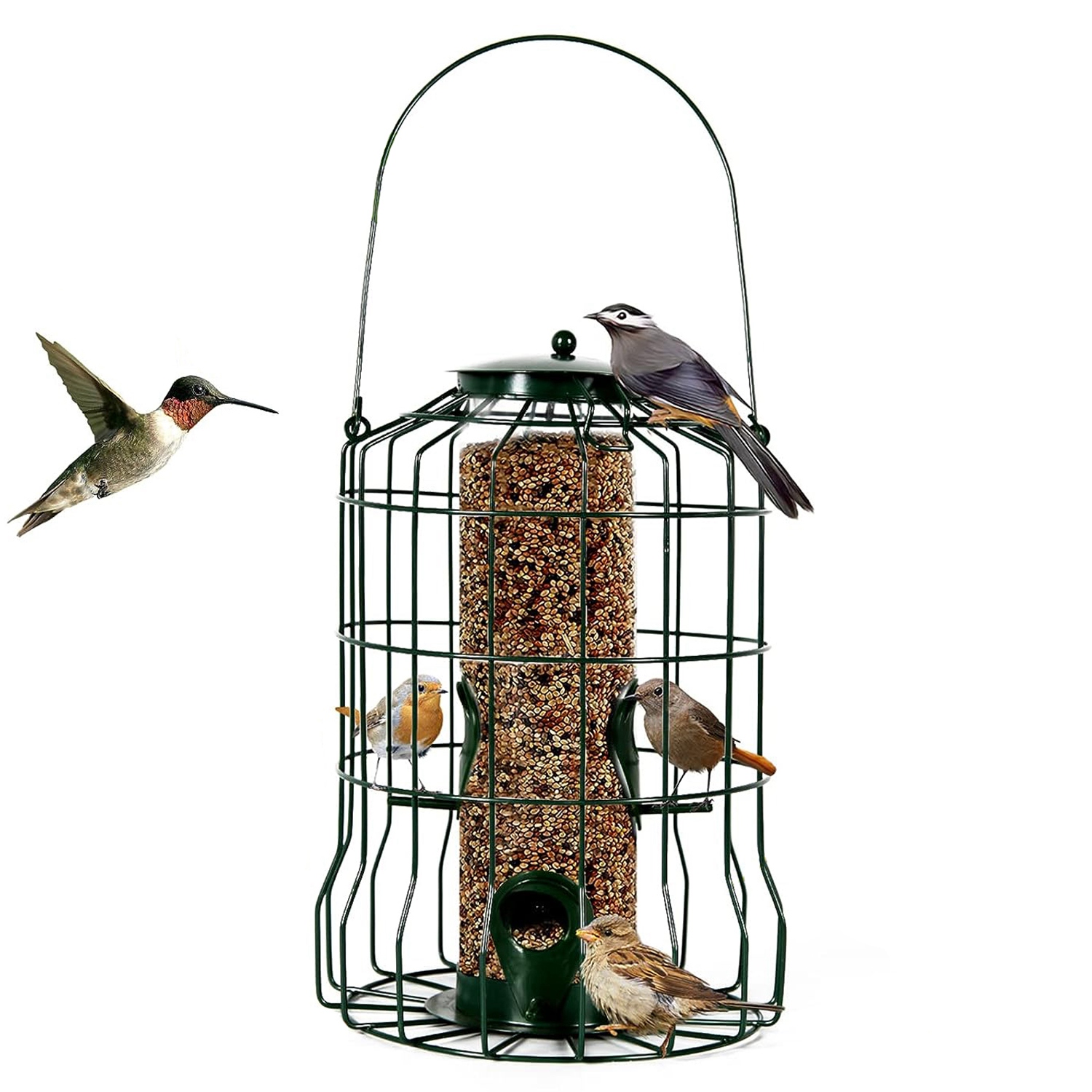 Comedor de Pájaros Silvestres al Aire Libre - Prueba de Ardillas, Muestras de Mordedura - Estructura Metálica Colgante con 4 Puertas de Alimentación para Aves Pequeñas — imagen 1