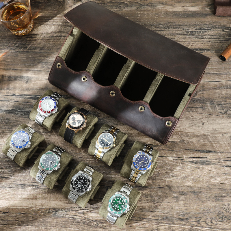 Vintage Crazy Horse Leather 8-Piece Shockproof Watch Storage Box, Portable Genuine Leather Watch Case for Travel — image 3