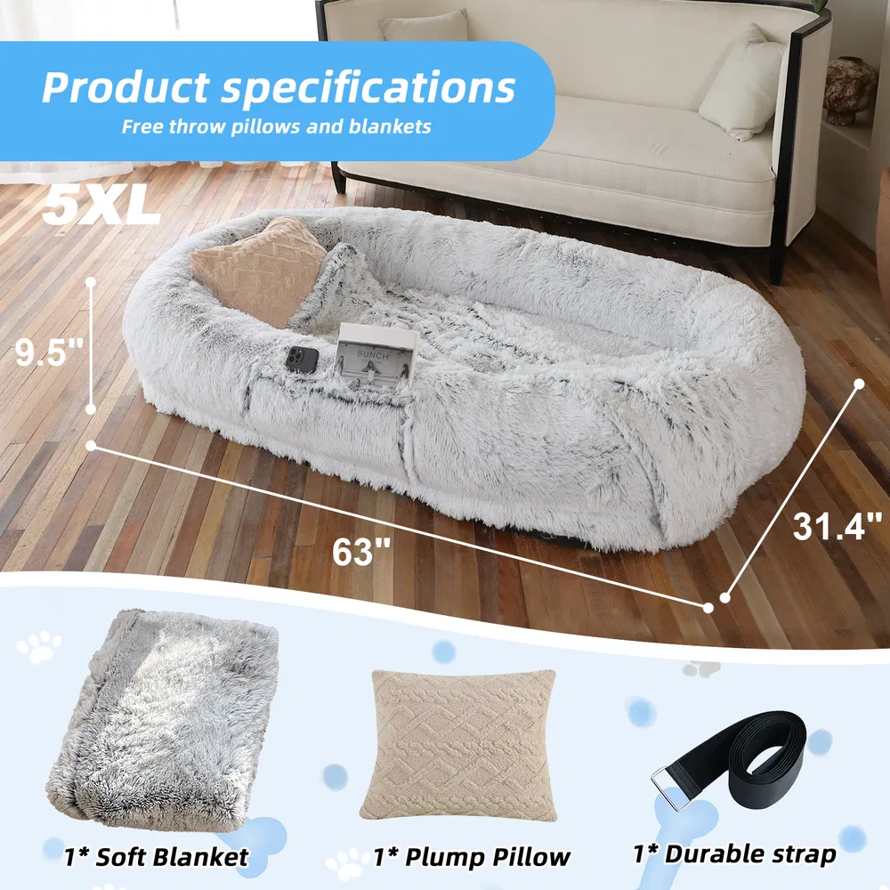 Cama para Perros y Personas Grande, Para Ti y Tu Mascota, Cama de Felpa Sintética Lavable para Dormir o Descansar, Soporte Óptimo para Canes, Almohada Pluma Presente, Manta, Correa — imagen 5