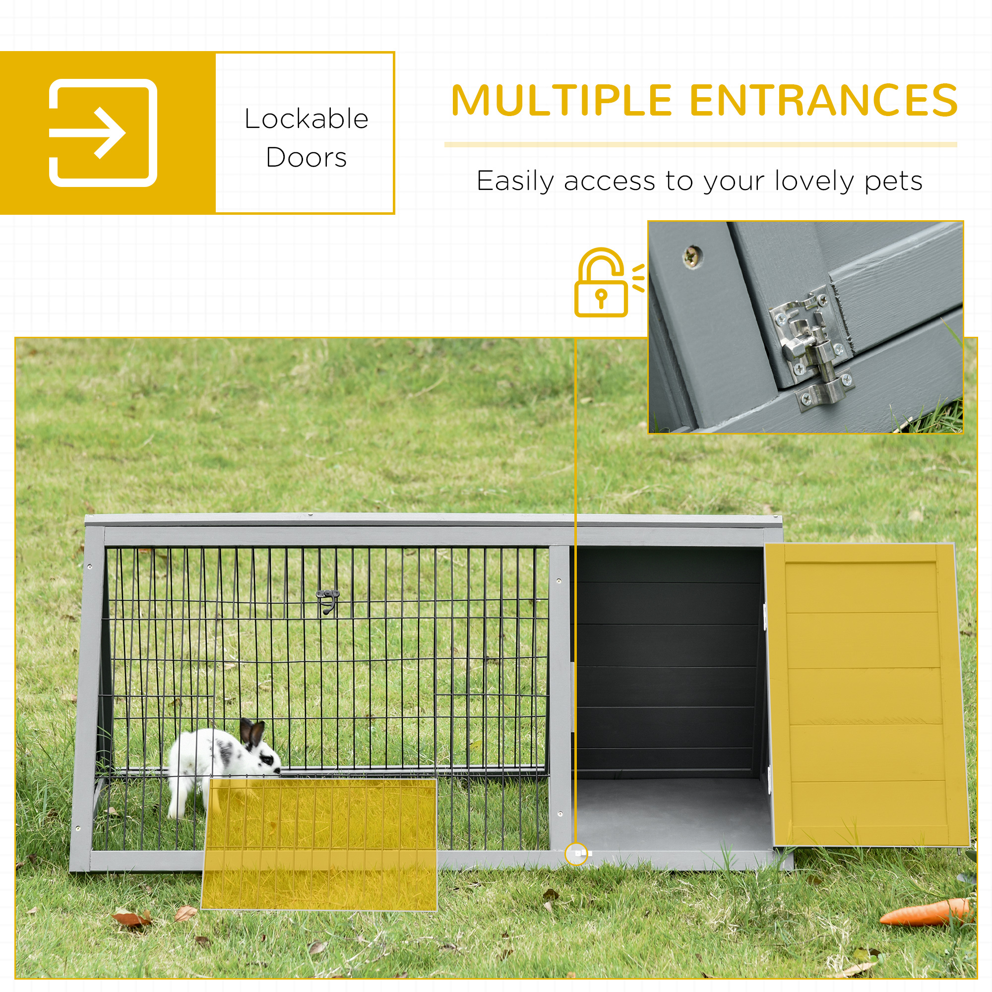 Casa para Conejos Exterior, Galpón de Pollos en Madera con Corral, Jaula para Conejo, Pato y Pollo Pequeño para Jardín, Patio, Granjas, 46" x 24.5" x 21", Gris Claro — imagen 3