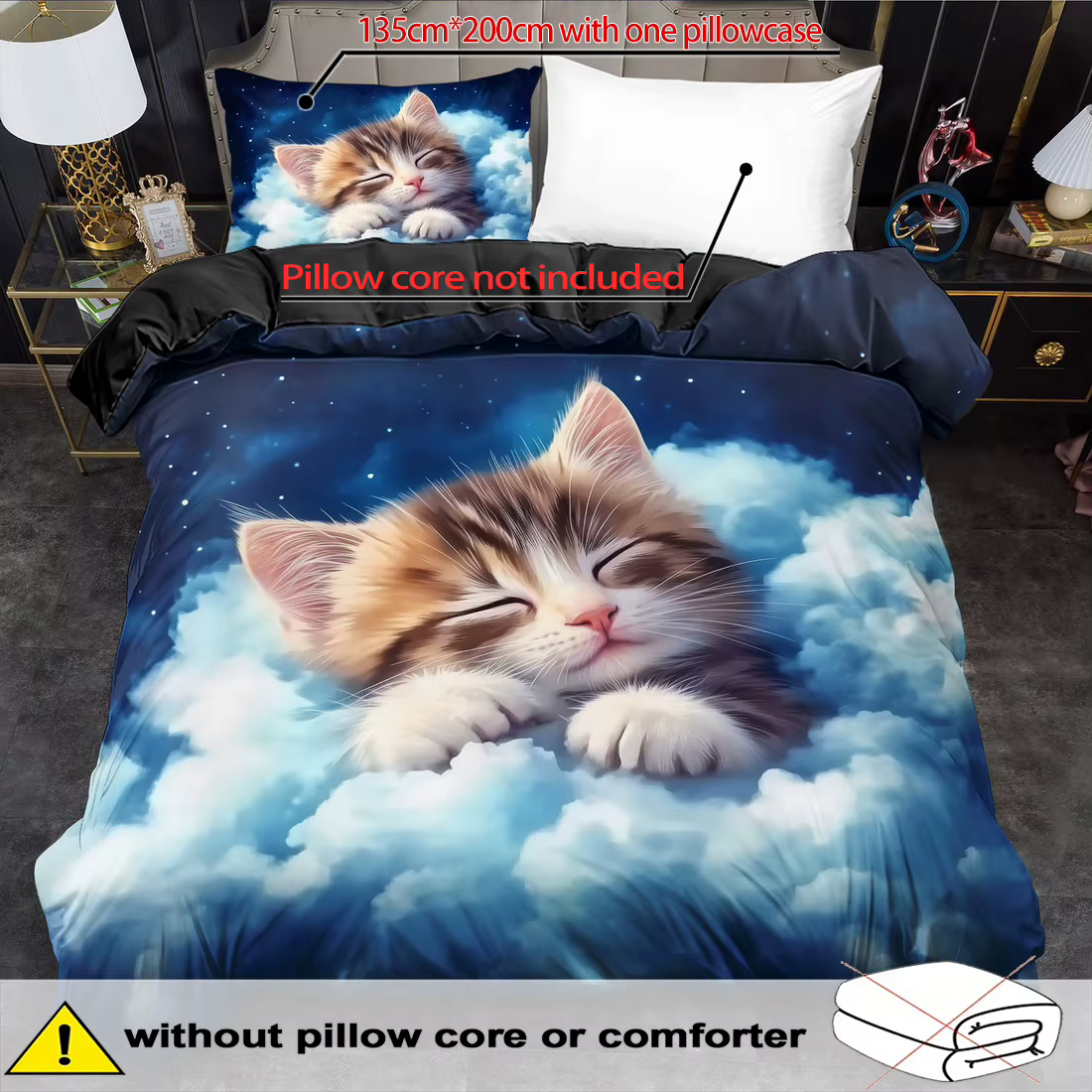 Set de Funda de Edredón de 2/3 Piezas, Juego de Funda Nórdica con Estampado de Gato Animado, Ropa de Cama Estilo King/Queen, Poliéster Lavable a Máquina — imagen 6