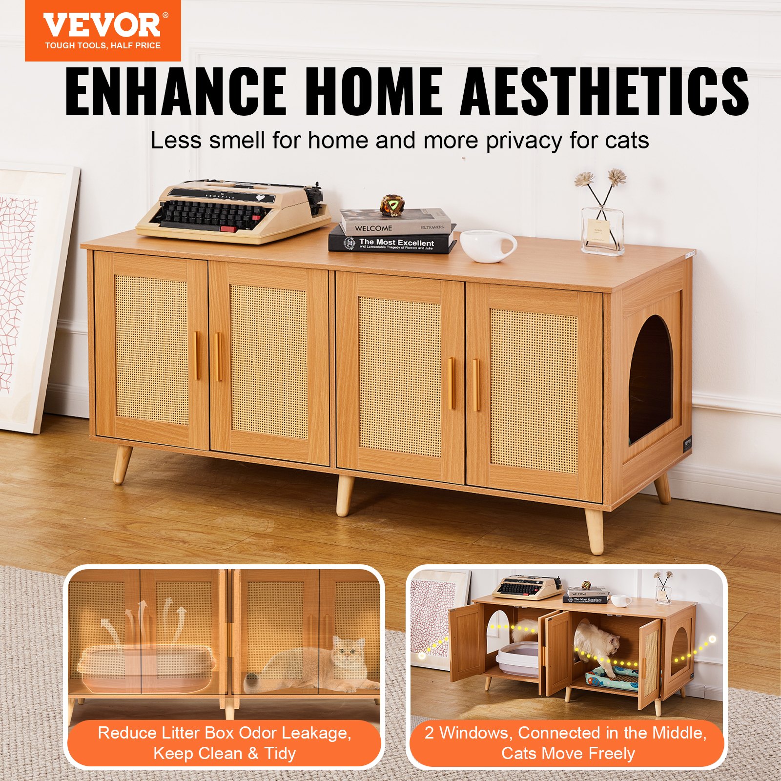 Caja de Lecho para Gatos con Encierro, Decoración de Puertas de Rattán Natural, Armario de Madera para Lugar de Lecho Oculto, 47.2"L x 19.7"A x 21.7"H — imagen 4
