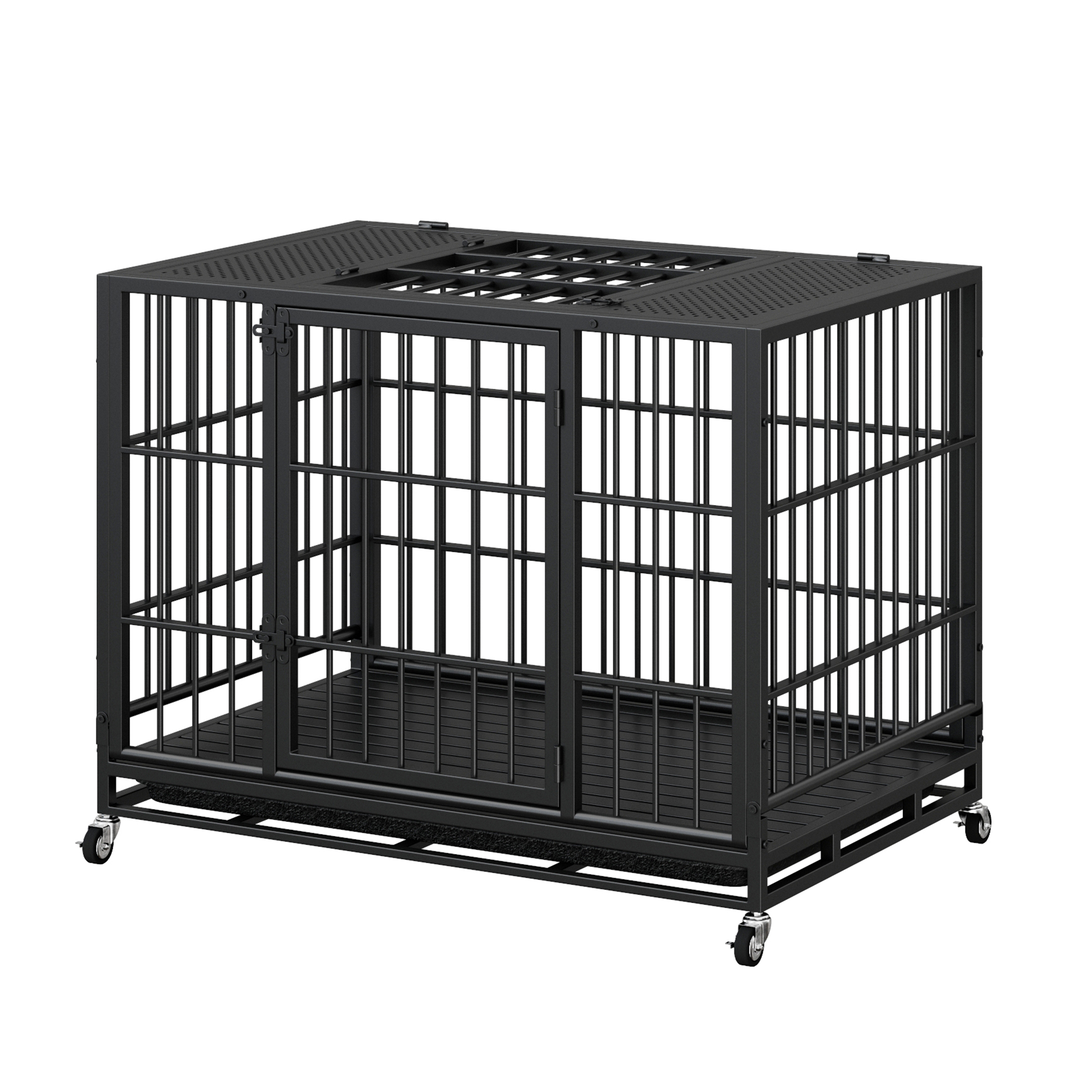 Heavy Duty Dog Crate, Mobile Pet Kennel with Lockable Wheels & Rotary Twist-Latch, Indoor Outdoor Metal Cage with Perforated Top — image 7