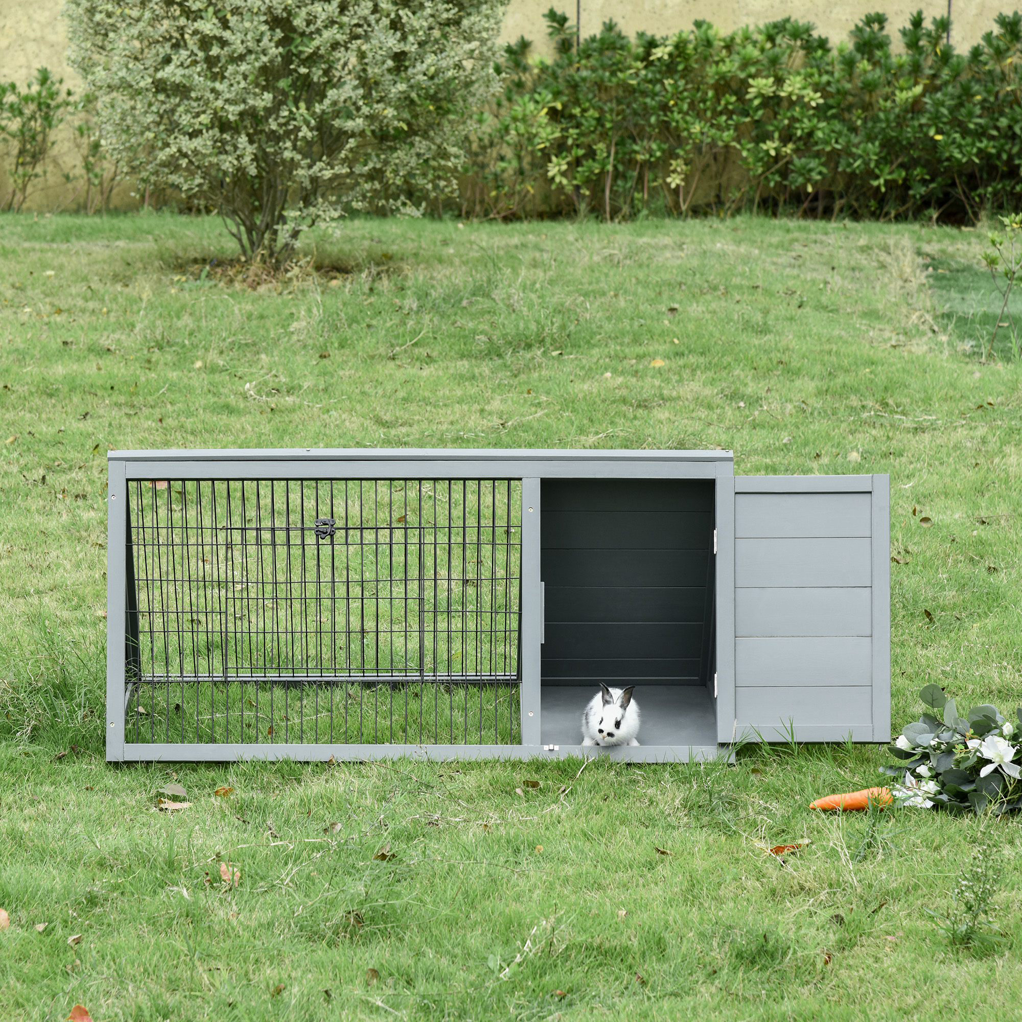 Casa para Conejos Exterior, Galpón de Pollos en Madera con Corral, Jaula para Conejo, Pato y Pollo Pequeño para Jardín, Patio, Granjas, 46" x 24.5" x 21", Gris Claro — imagen 6