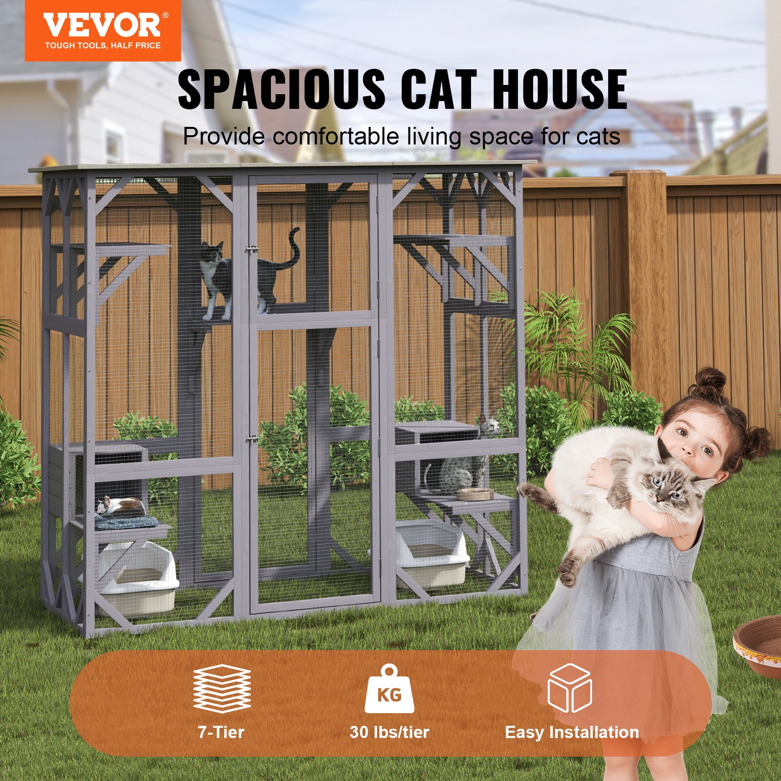Casa para Gatos Exterior, 7 Niveles Grande Catio con 5 Plataformas, 2 Casillas de Descanso y Puerta Principal Grande, 71.2 x 34.6 x 66.5 Pulgadas — imagen 5