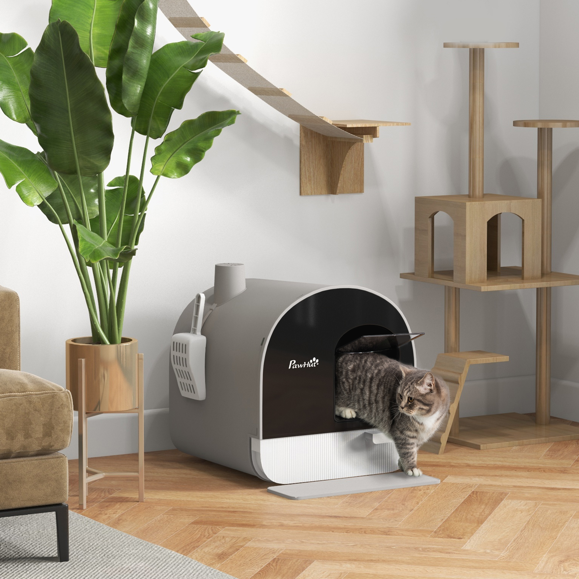 Cat Litter Box with Lid with Scoop and Filter, Light Gray — imagen 2